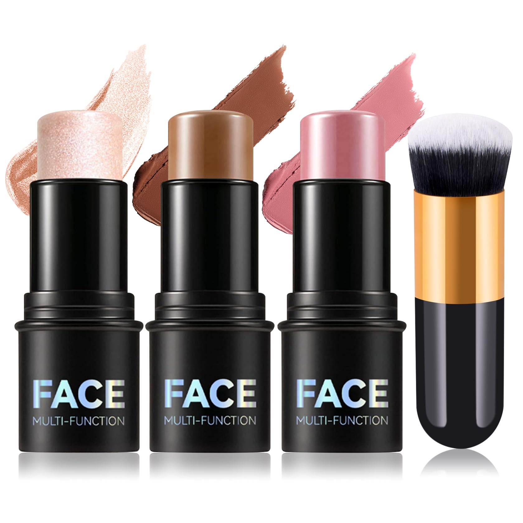 Set mit 3 Konturenstiften in Creme, Rouge, Highlighter, Bronzer und Konturenstift, matt, wasserfest, mit Pinsel, cremiger Stift, nicht fettend