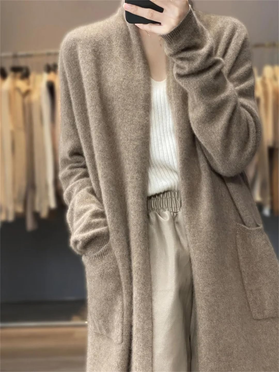 ERFMFKL Cárdigan de lana merino para mujer, manga larga, color liso, holgado, cálido, suéter de punto largo