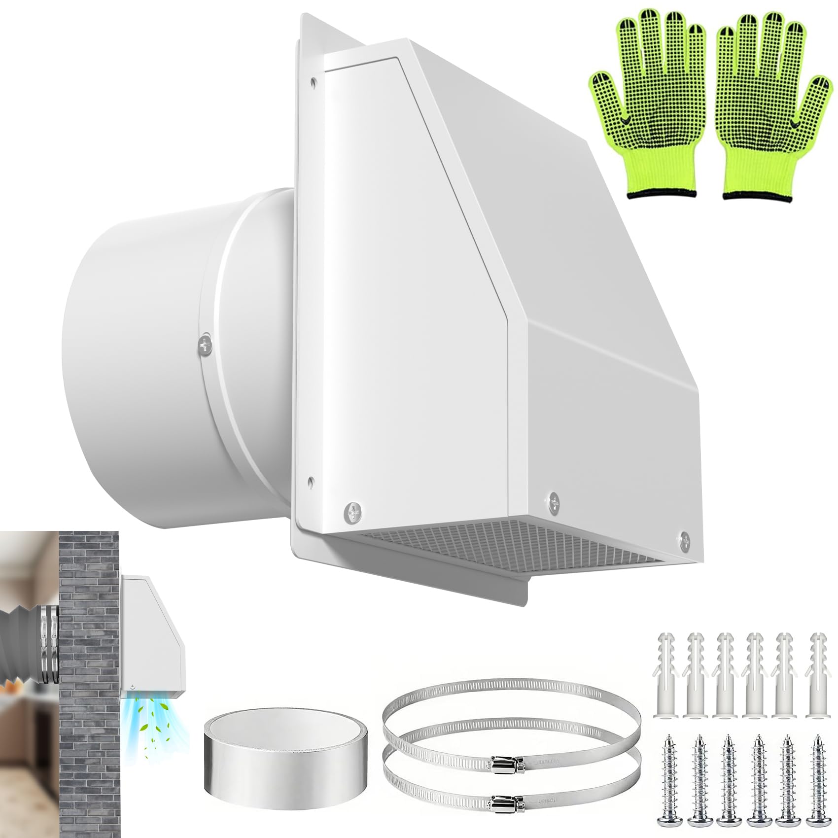 10 inch Wall Vent Cover for Dryer Vent, Outdoor Wall Exhaust Vent Cap Exterior Air Vent Cover with Screen &amp; Damper, External Extractor Wall Vent Hood for Bathroom Fan Range Hood HVAC Duct