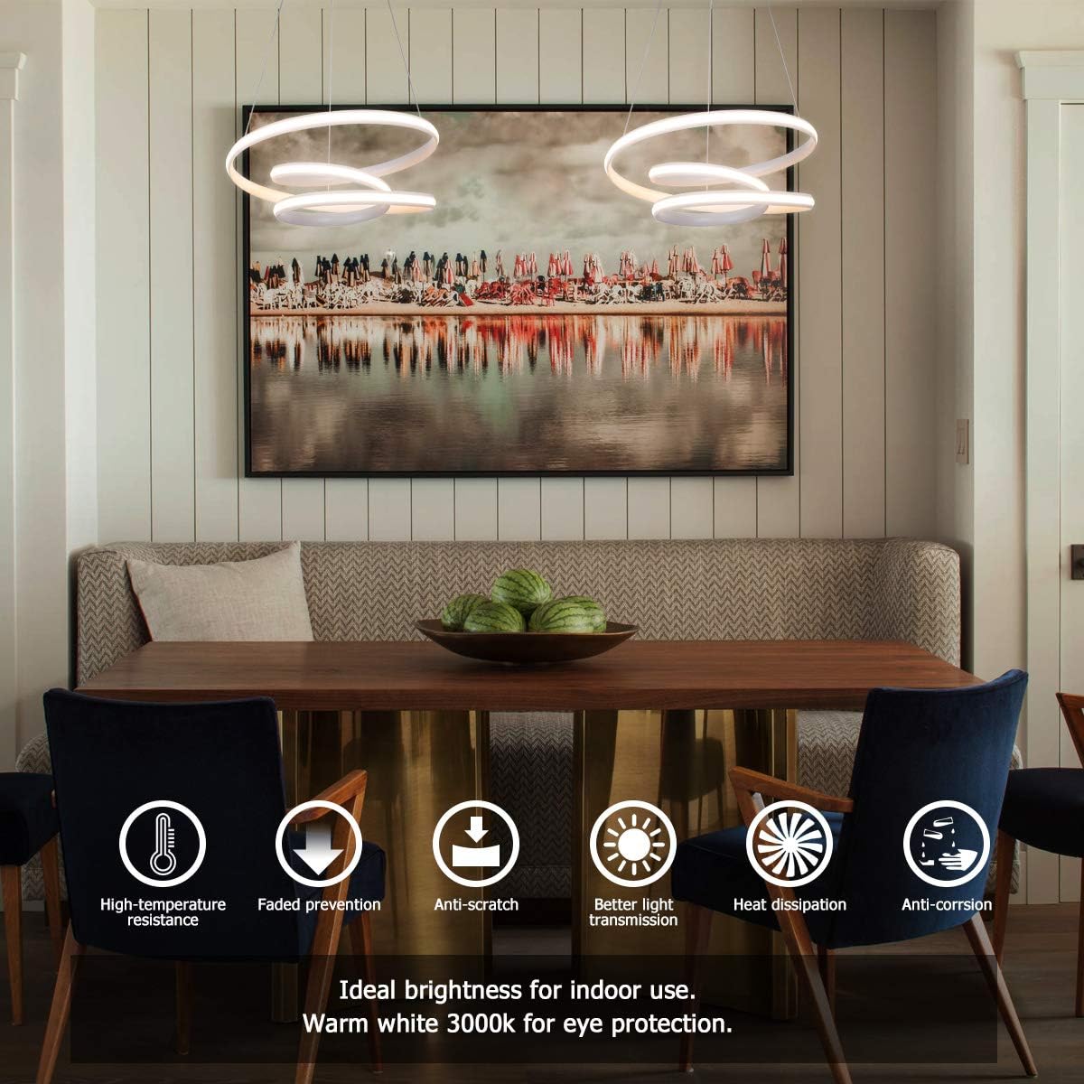 Get Discount 70% Price HELYCH Modern LED Chandelier Light Fixture, 20” White 3 Ring Irregular Contemporary LED Hanging Pendant Light Fixtures for Dining Room Living Room Bedroom Meeting Room Foyer, 3000K (not Dimmable)
