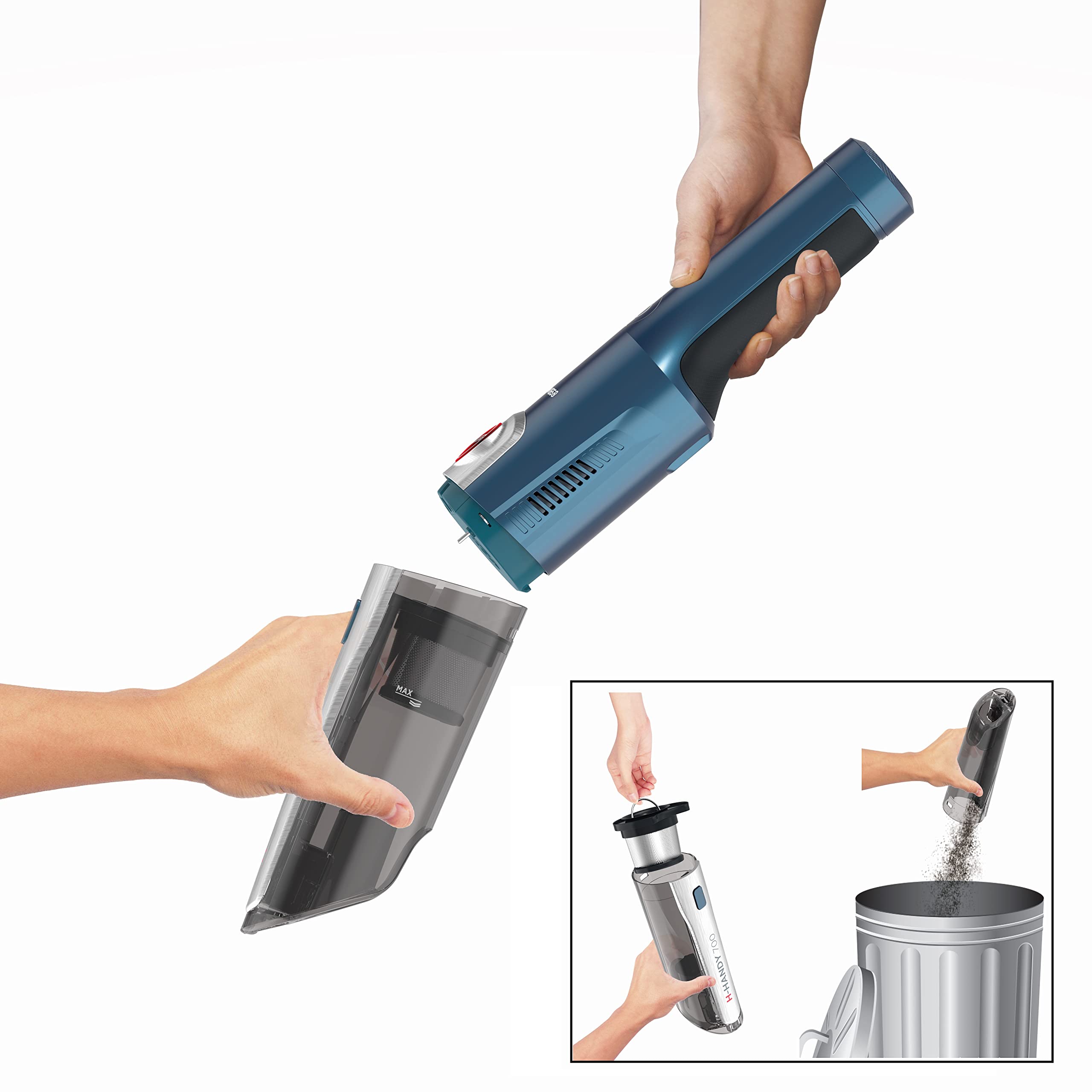 Hoover H-Handy 700 HH710BSS Aspirador de Mano sin Cable Potente, Almacenaje al Vacío, Kit Food&Space Saver, Motor Direct Impulse, Muy Potente 40AW, Carga ultrarápida, Luces LED, Muy Ligera