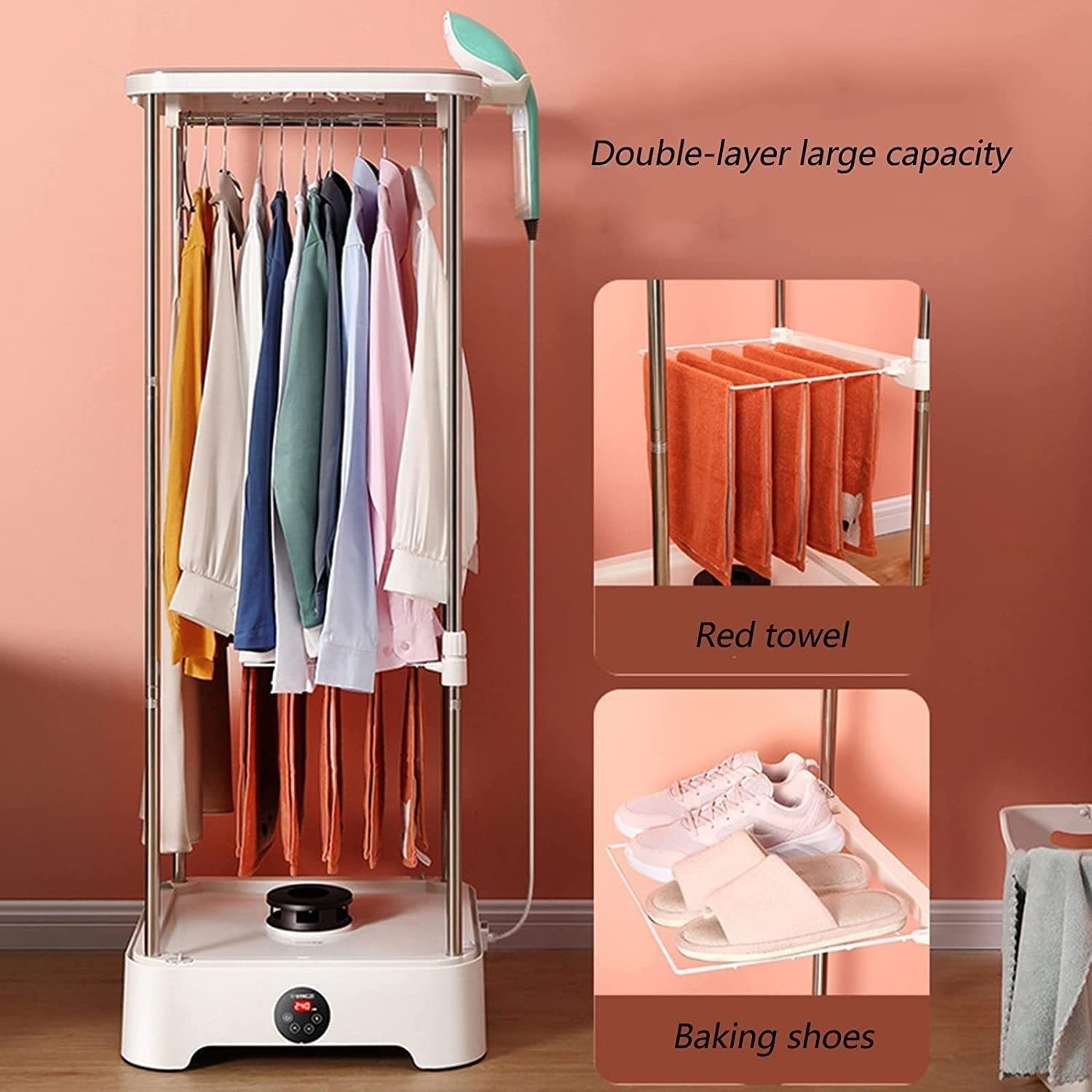 Secadora de Ropa eléctrica Multifuncional, 900W PTC Cerámica Secado rápido Máquina de Planchado de Ropa de Gran Espacio Ajustable de Doble Capa Máquina de Secado for el hogar
