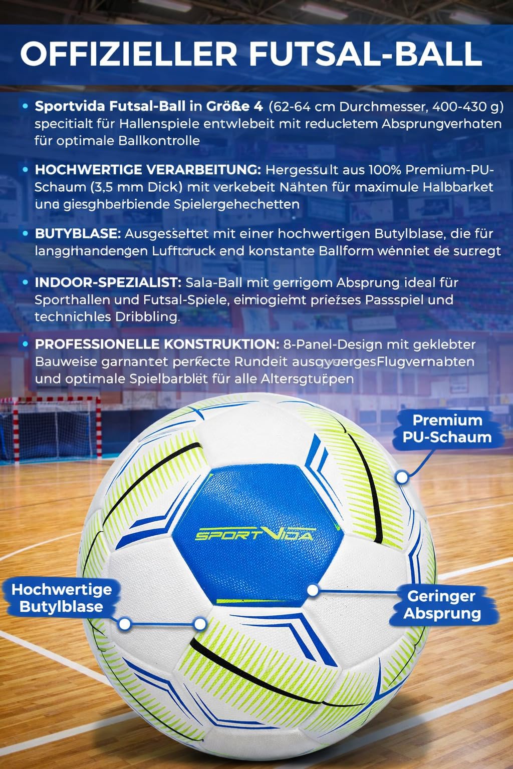 Sportvida Futsal Ballon de football en salle, taille 4, blanc, bleu, vert, matériau PU, coutures collées, jeu en intérieur, 62-64 cm de diamètre
