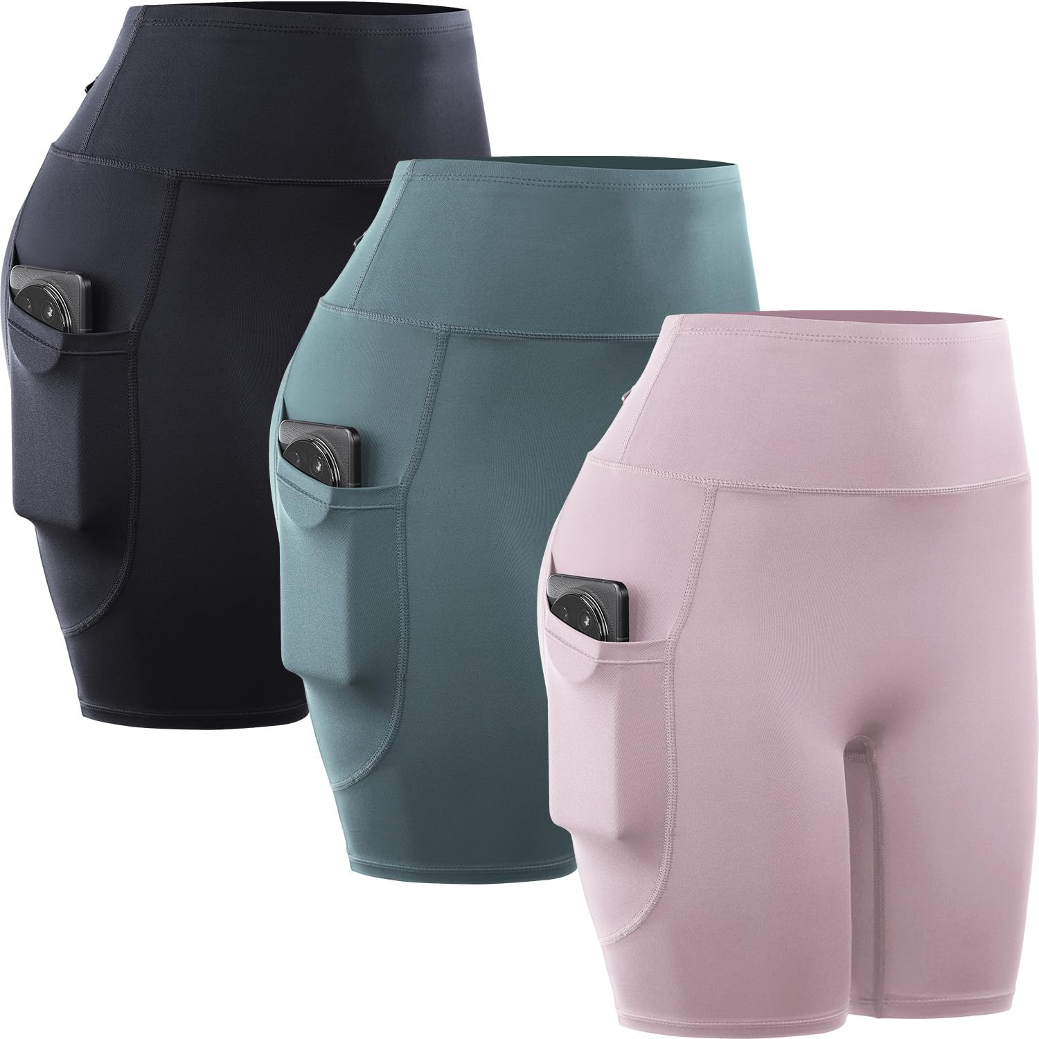 CADMUS 3 Pack High Waisted Workout Shorts for Women 8" Yoga Biker Shorts w Two Side Pockets