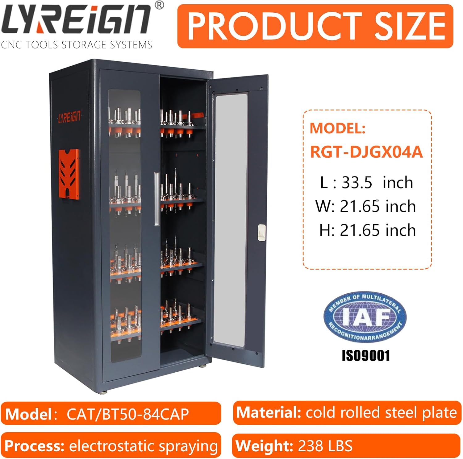 CNC Tool Rack Multi-Function CAT40/CAT50 Storage Cabinet, Large Capacity, Small Footprint, Modern Style, Lockable, Transparent Window, 33.4"L x 21.6"W x 72"H, 238 lbs, Garage/Utility Room