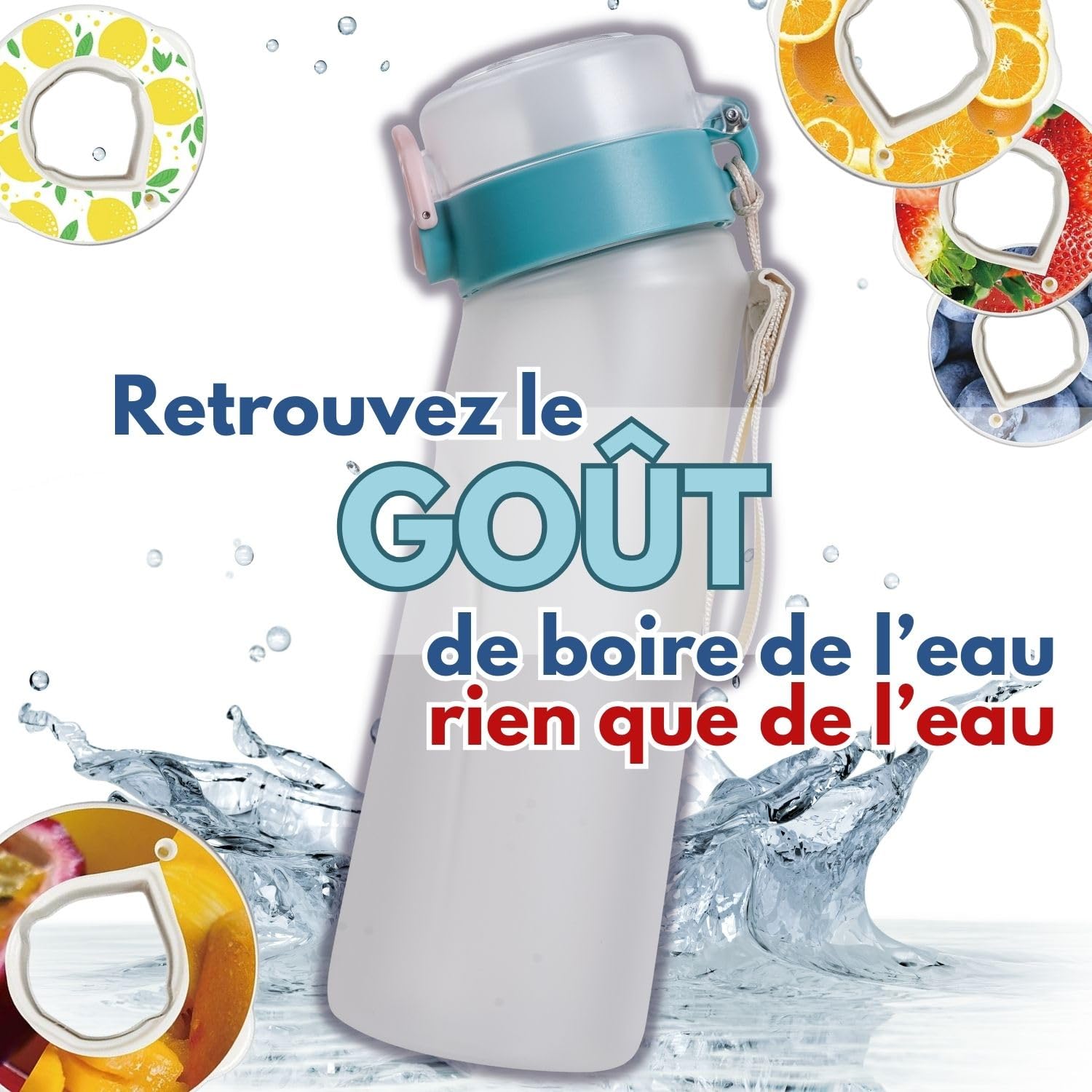 Air Gourde ABBISENSE Bouteille en Tritan sans BPA 750 ml | 6 dosettes saveurs fruits incluses | Couvercle anti-fuite et paille ergonomique, ideale pour adultes et enfants | Eau sans sucre