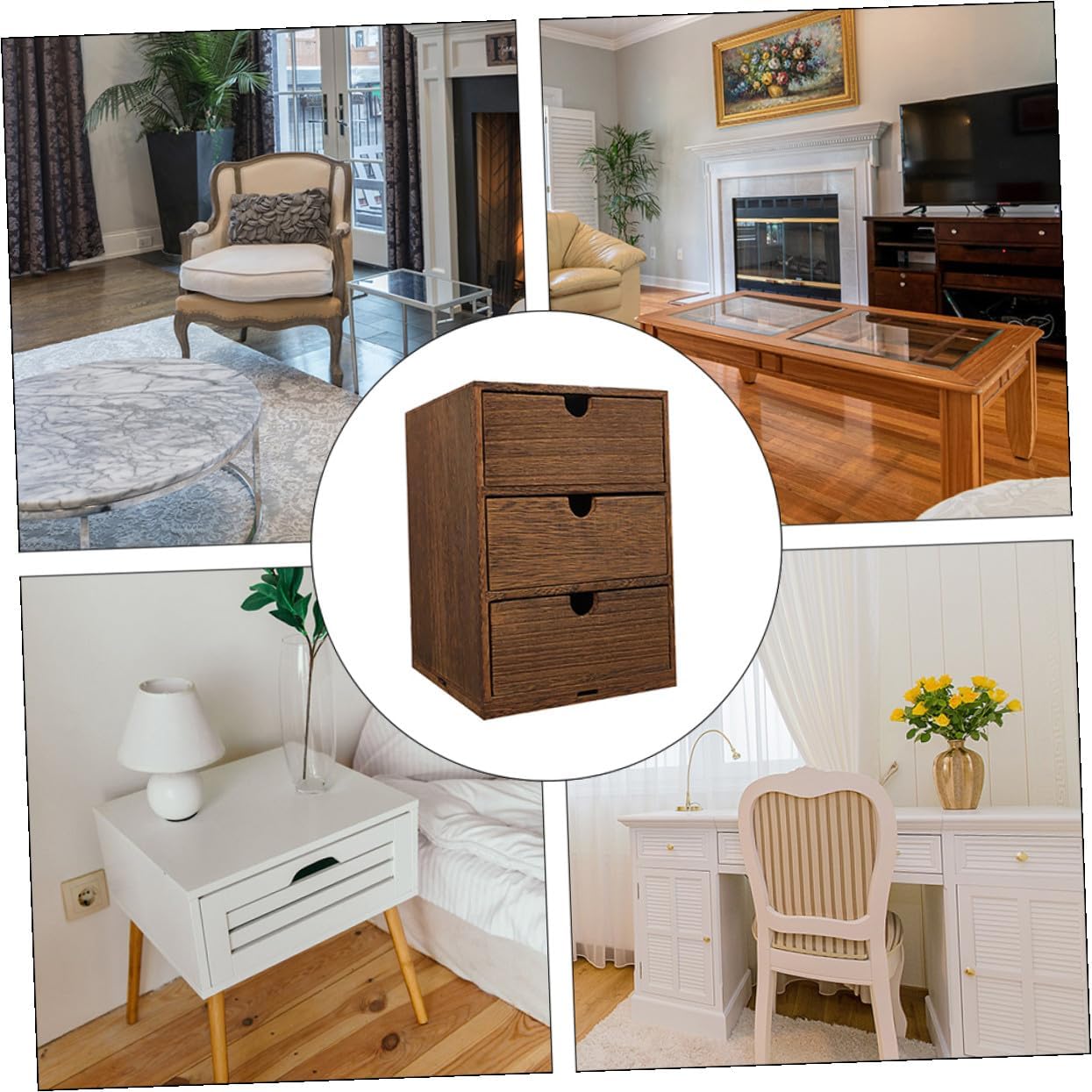 Wooden Multi-layer Storage Drawer Box with Three Pull Shelves Retro Desktop Organizer with Semicircle Handles Brown Wood Grain Texture for Home Office Accessories