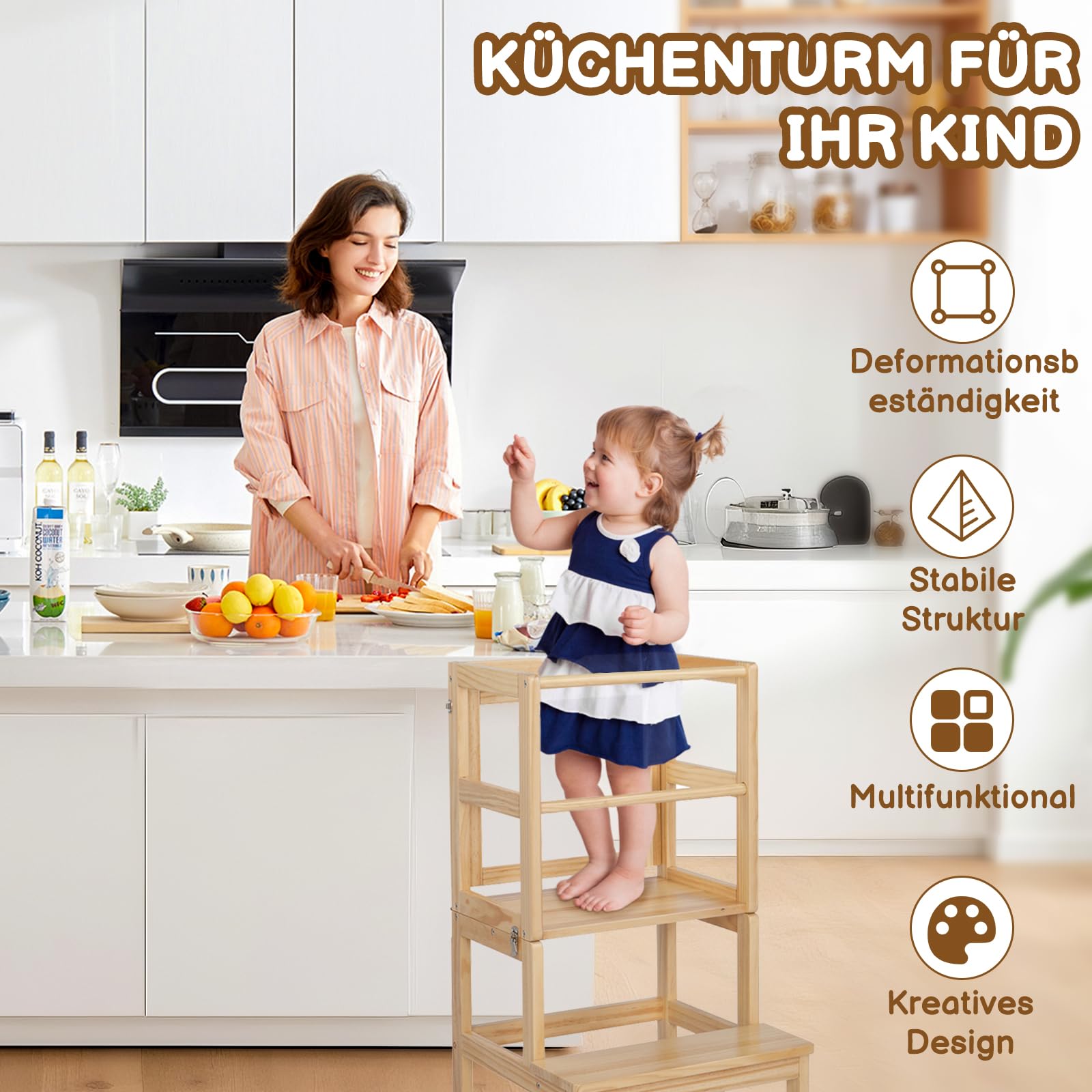 LALAHO Lernturm ab 1 Jahr，Tritthocker Holz，Lernturm Klappbar mit rutschfeste Matte，Montessori Inspiriert，Für Küche & Bad（Natur）