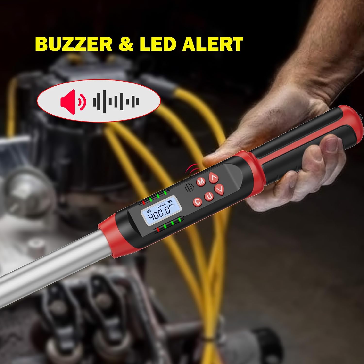 VANPO Digital Torque Wrench display showing buzzer and LED alert features.