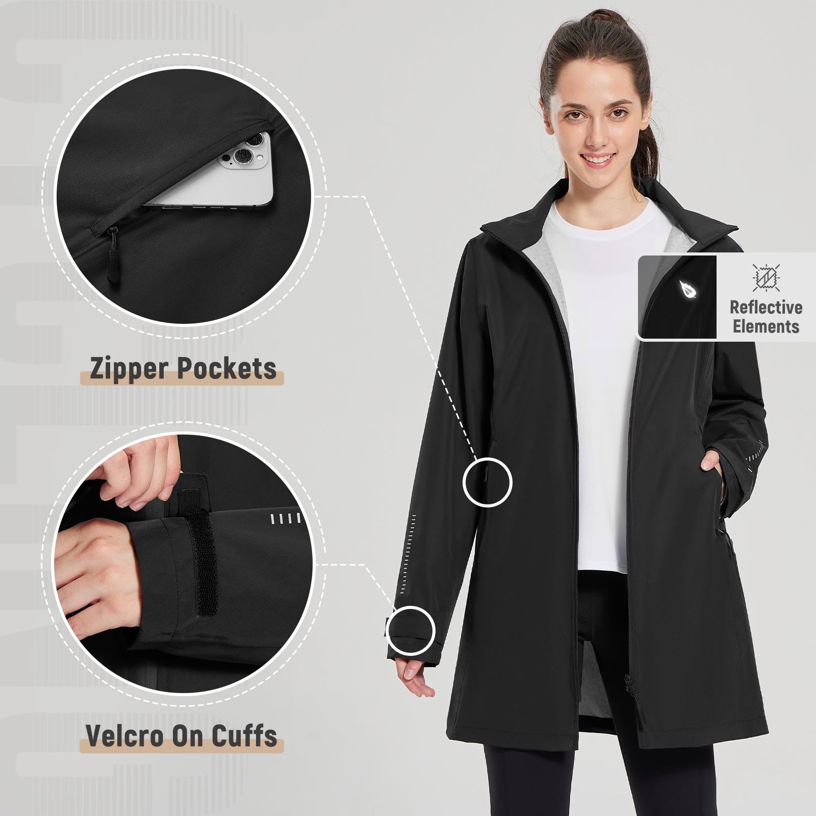 baleaf Regenmantel Damen Lang Wasserdicht Regenjacke Trenchcoat mit Taschen Windbreaker Leicht Regenponcho Packbare Funktionsjacke Raincoat Wandermäntel