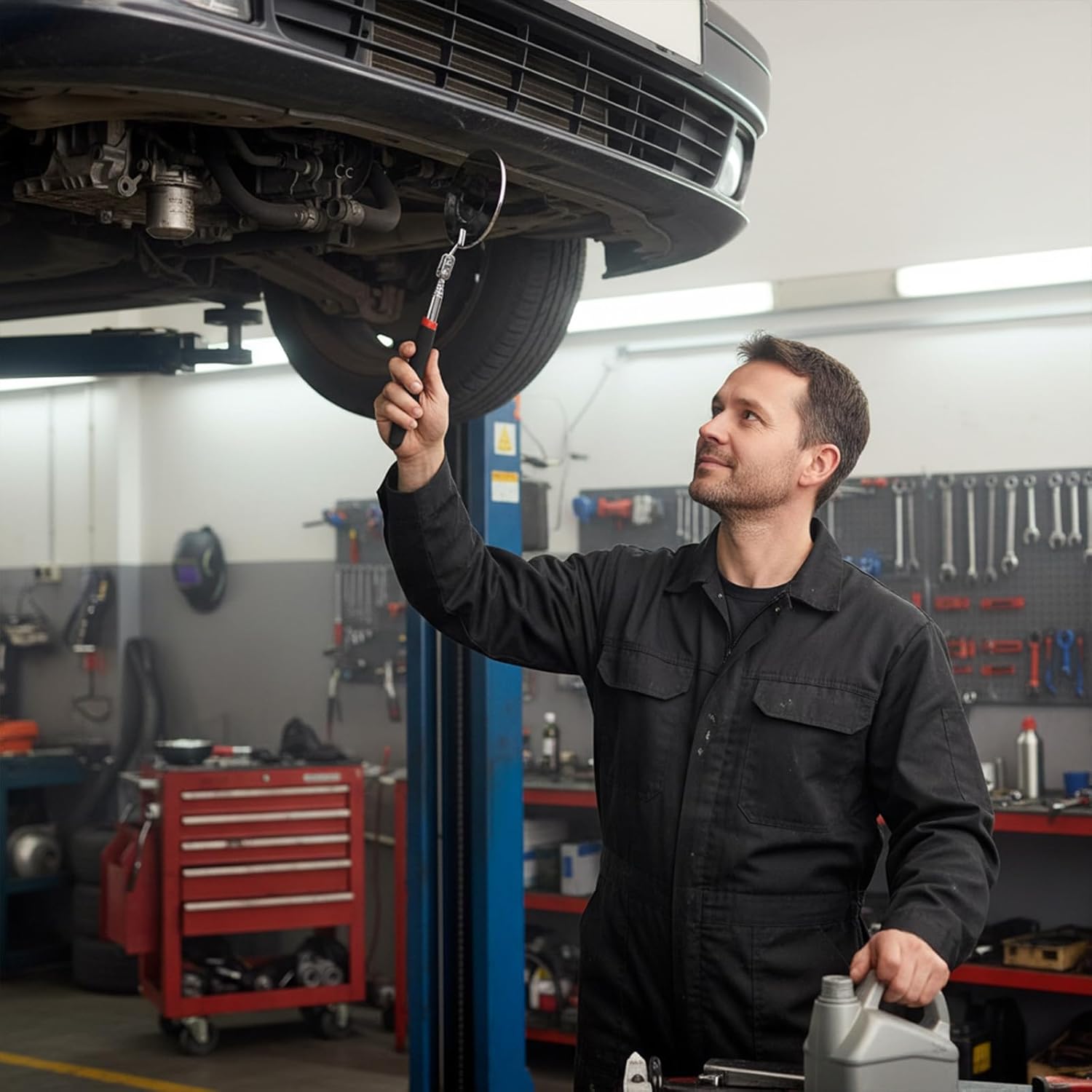 Telescoping 360° Rotating Circular Inspection Mirror with Extended Handle - 3 Inch Diameter for Vehicle and Machinery Inspection