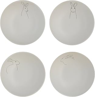 Creative Co-Op White Stoneware Bowls with Rabbit Drawings (Set of 4 Designs)