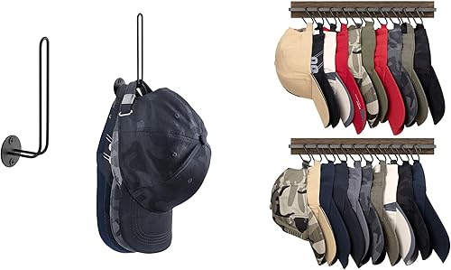 Mkono Organizador de gorras de béisbol para juego de 2 estilos, 2 ganchos para sombreros en forma de L que ahorran espacio y 2 soportes de madera