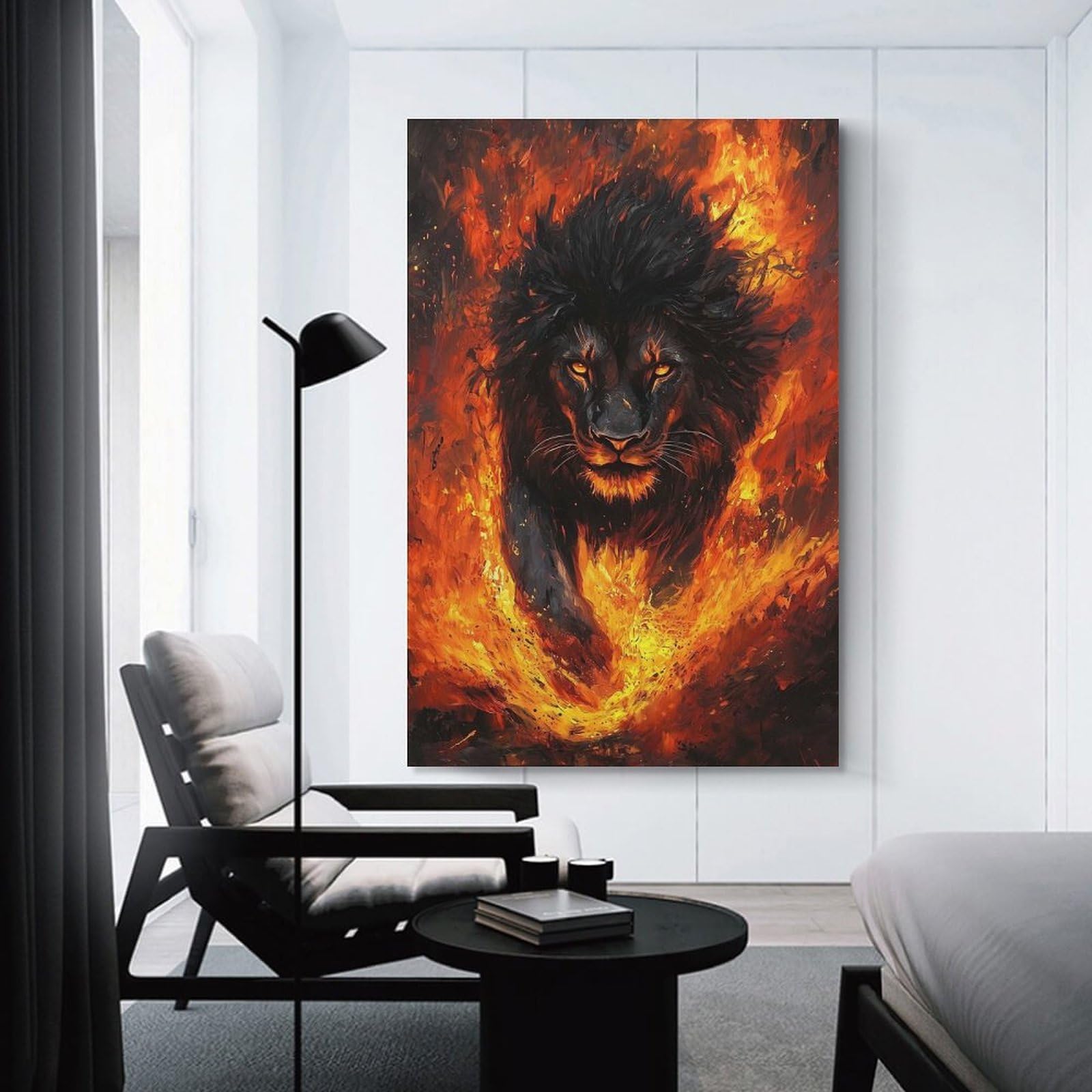 Junmoney Black Lion Emerging Flames Wall Picture Print 20x30inch(50x75cm), for Entrance Spaces, Stair Walls Or Halls, Decorative Canvas Styling for Entry Areas