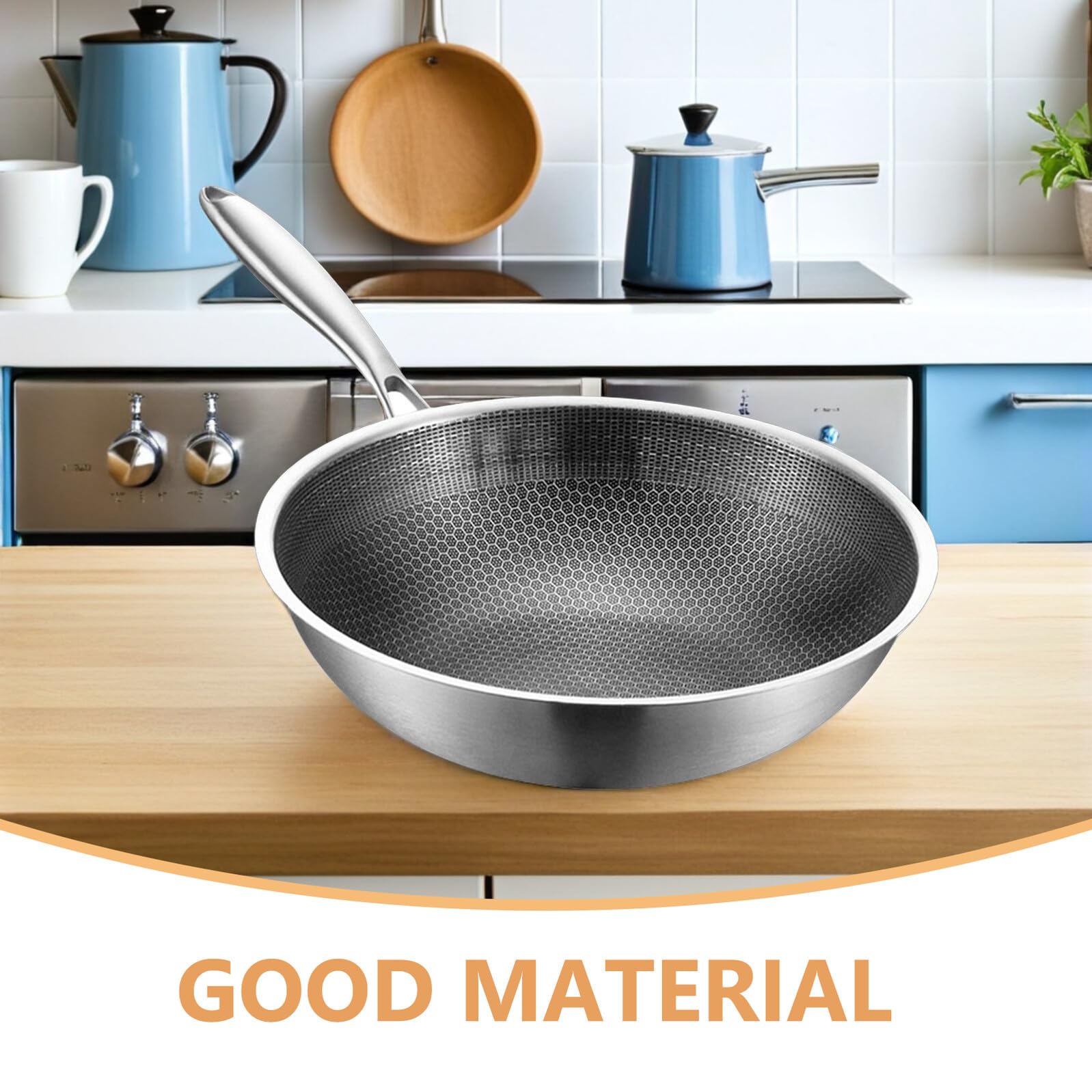 Padella Wok in Acciaio 32 Cm Antigraffio Antiaderente Manico Ergonomico Per Cucina a Gas, Forni Elettrici e Ceramica, Padella Profonda Per Friggere Verdure e Frutti Di Mare