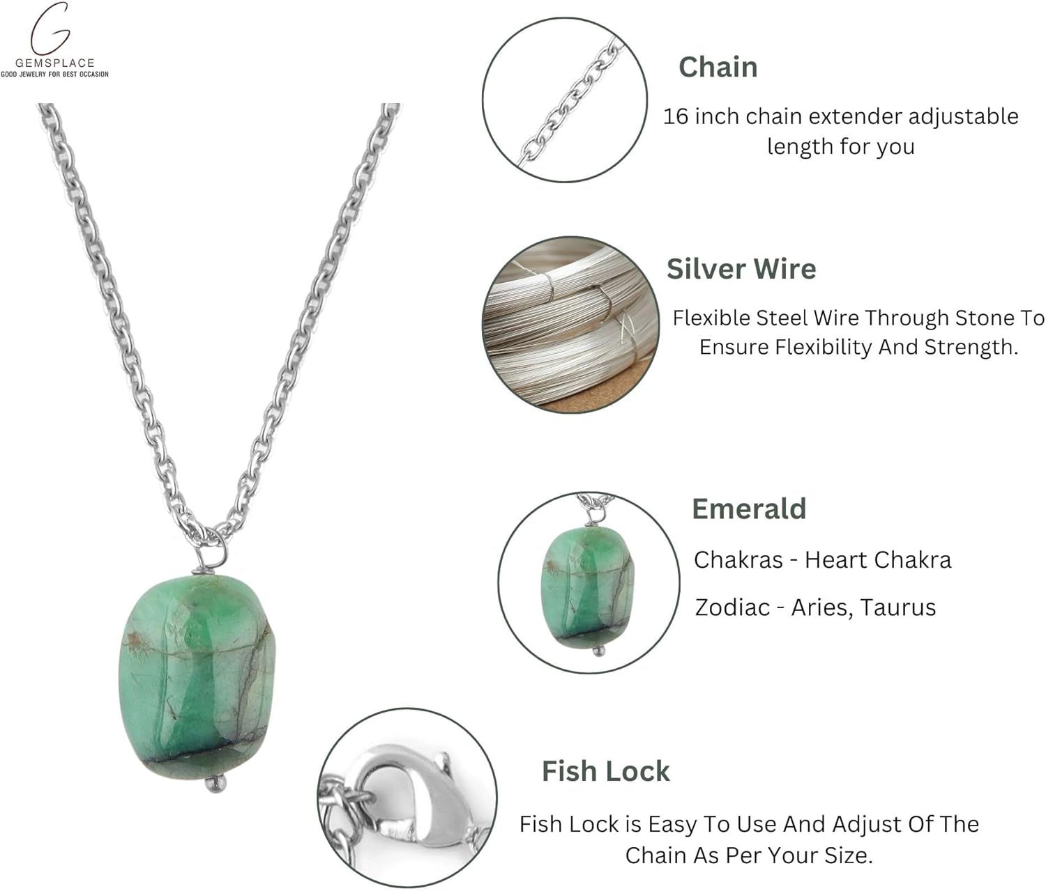 Emerald Tumble Crystal Necklace, Stone Necklace, Dainty Stone Pendant, Healing Crystals Healing Stone Pendant for Beauty Gemstone Size Approx 15 To 20 mm - Image 7