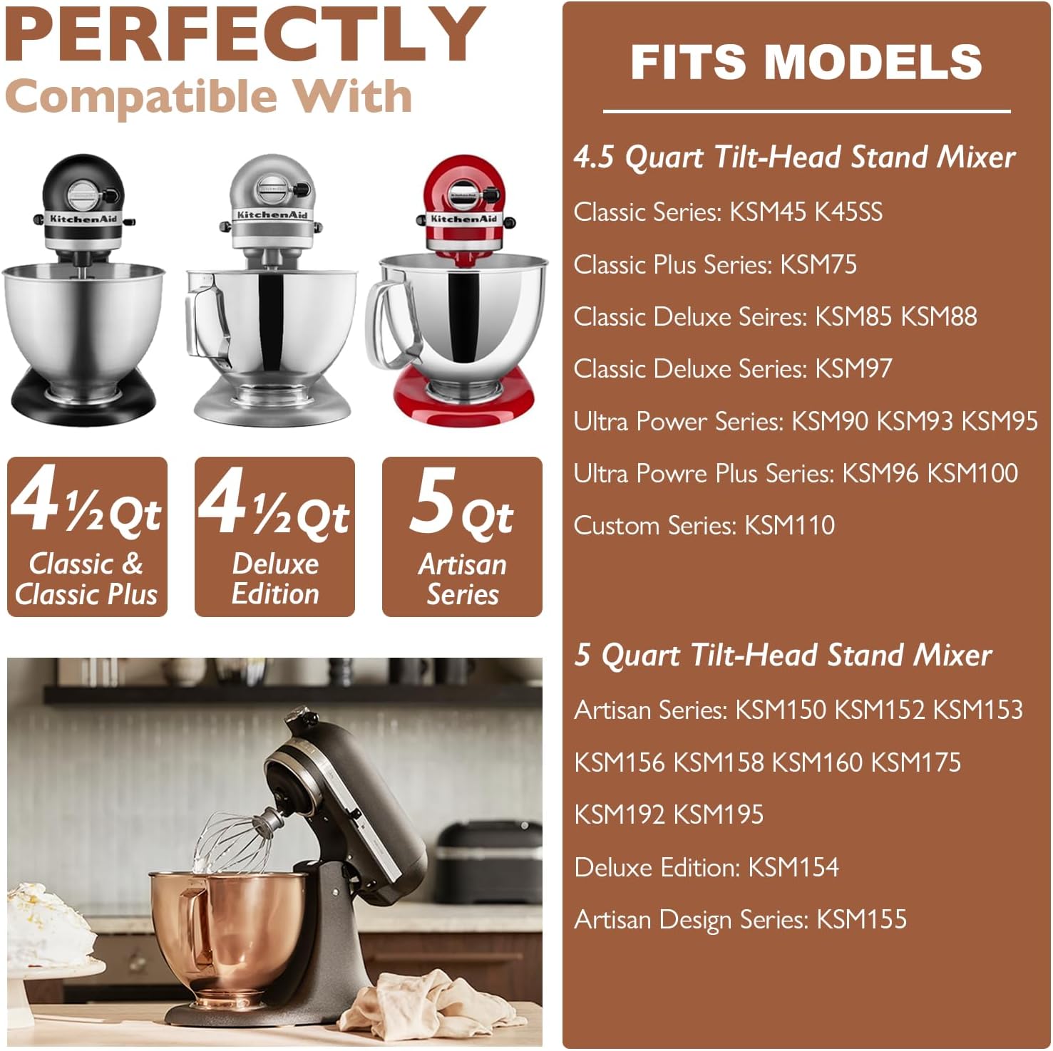 5 Quart Stainless Steel Mixer Bowl for Kitchenaid Classic&Artisan Tilt Head Mixer, Fit for KSM75, KSM90, KSM150, Radiant Copper, 1.75Lb, 0.8MM Thick, Heavy Duty, Dishwasher Safe, Ergonomics Handle