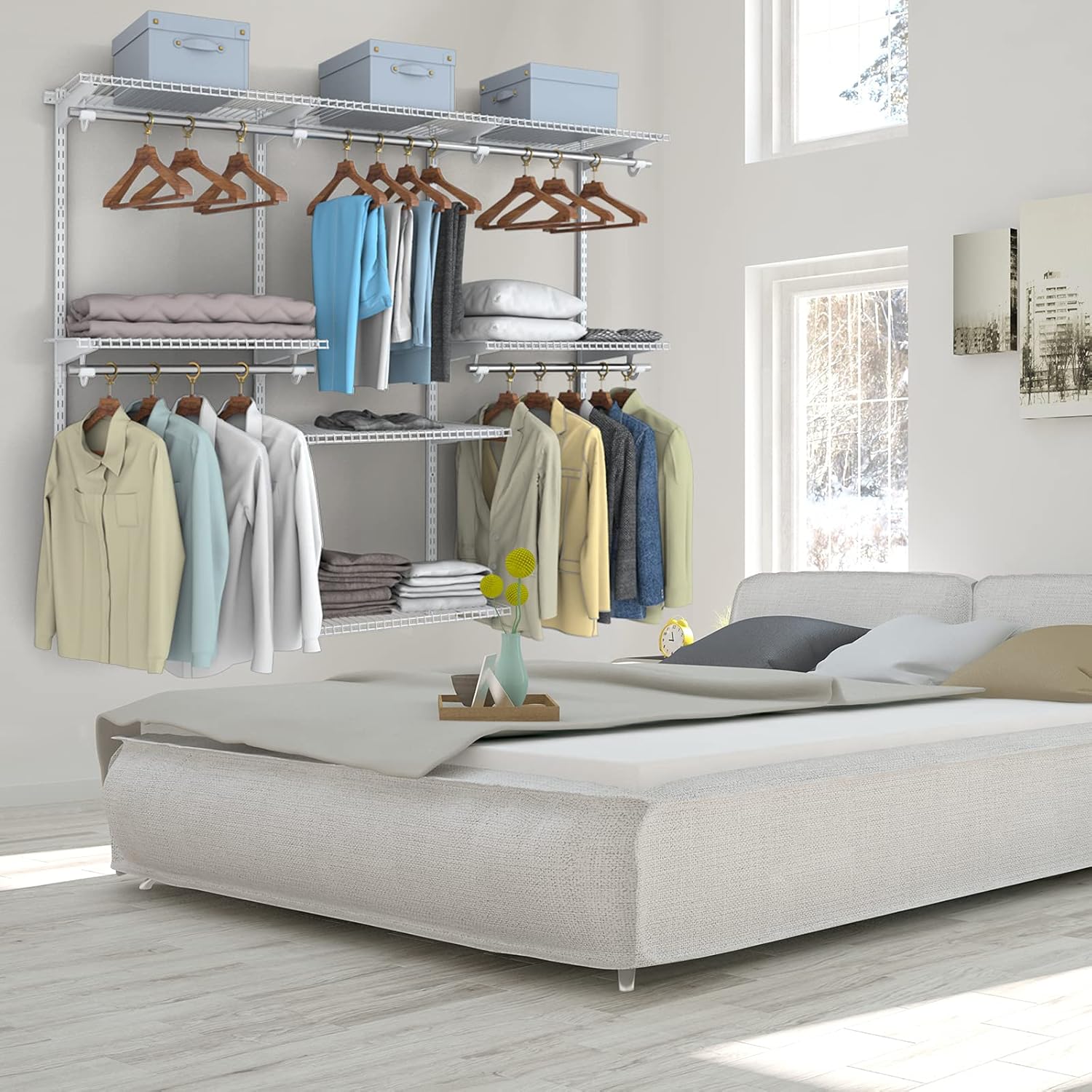 S AFSTAR 4 to 6 FT Mounted Closet Systems, Height Adjustable Custom Clothes Closet Kit with 3 Hanging Rod & 6 Storage Shelves, Wall-Mounted Clothes Closet Organizer for Bedroom Apartment, White