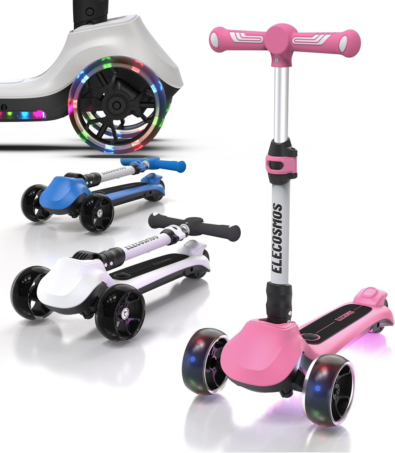 Kids Electric Scooter for Age 4-9, Light Up 3-Wheeled Scooter with Big LED Wheels, Wide Flashing Deck, Adjustable Height