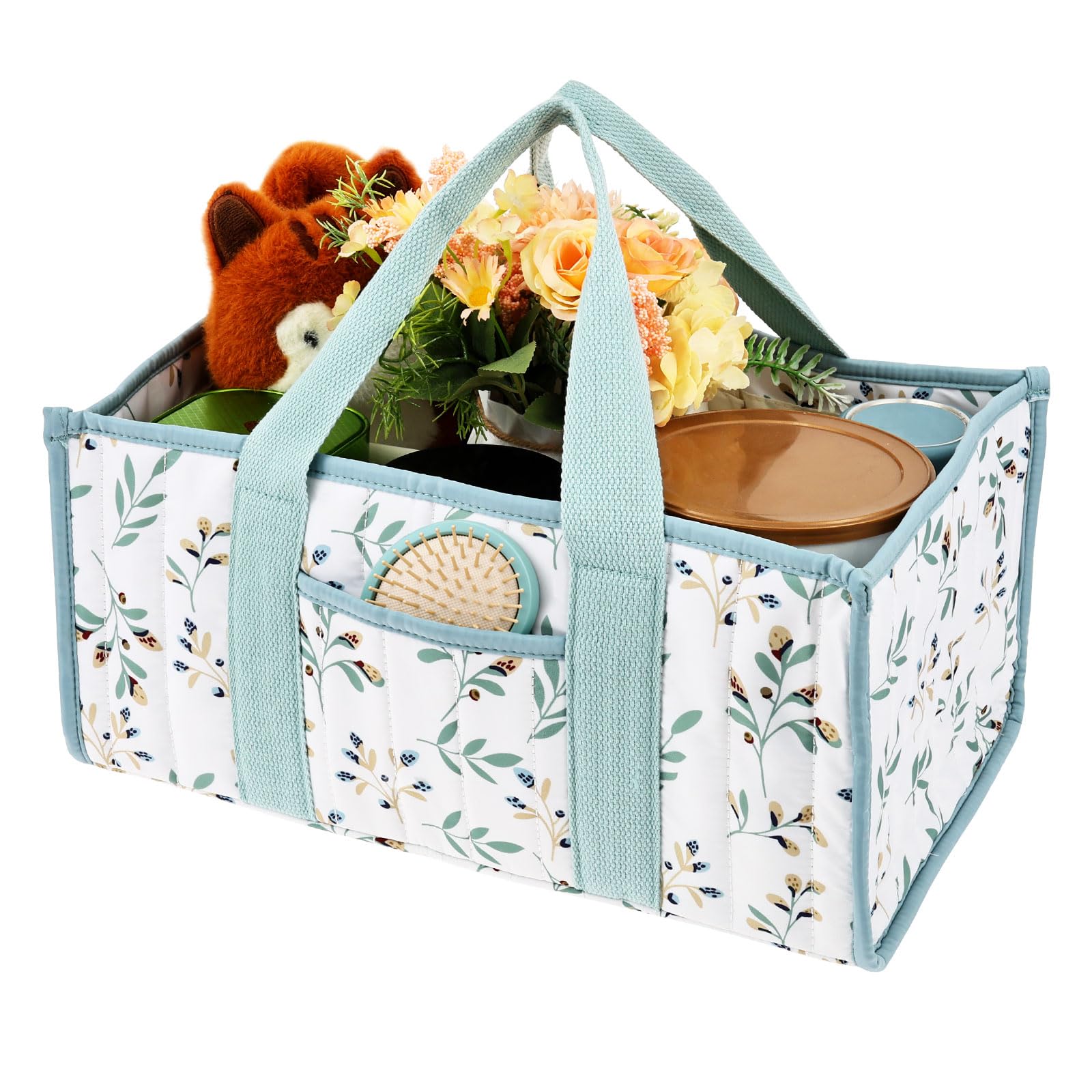 Baby Nappy Caddy Organizer Multi Compartment Quilted Diaper Caddy Baby Stuff Container with Handle and Pocket Floral Storage Basket Essential Babies Organizer 38x25x18cm(Light Green Seagrass)