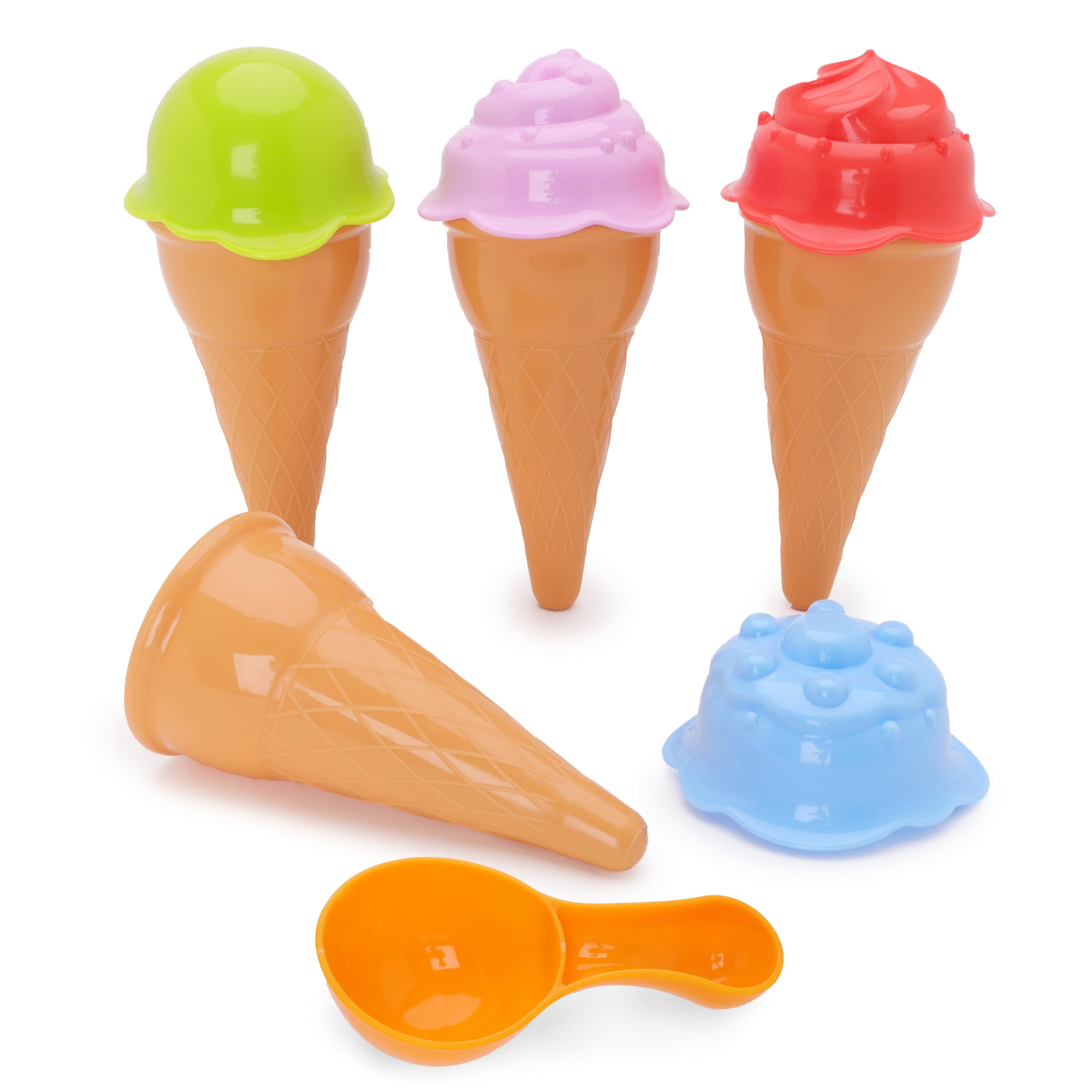 9 Piece Ice Cream Play Set - 4 Interchangeable Ice Scream Flavours, 4 Cones & 1 Scoop - Garden & Beach Toys - Pretend Kitchen Food