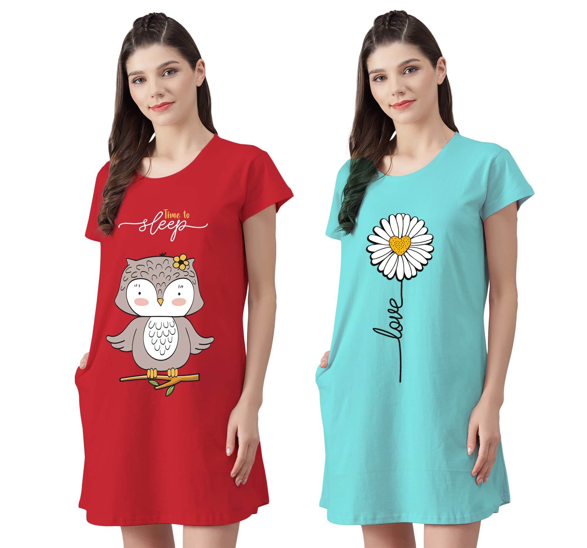 FflirtygoWomen’s Cotton Nighty | Printed Knee Length Night Gown |Relaxed Fit Nightwear |Short Nightdress| Long T-Shirt | Sleepwear & Casual Wear Nighty (Pack of 2)