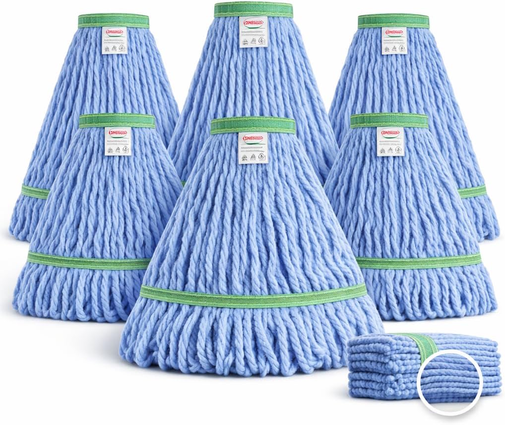 Blue Mop Head Replacement Heavy Duty Cotton Looped End, Lint-Free Cleaning, Extra Thick Large Coverage, Reinforced Construction for Mall, Office, Large Area Floor, High Frequency Use, Long Lasting