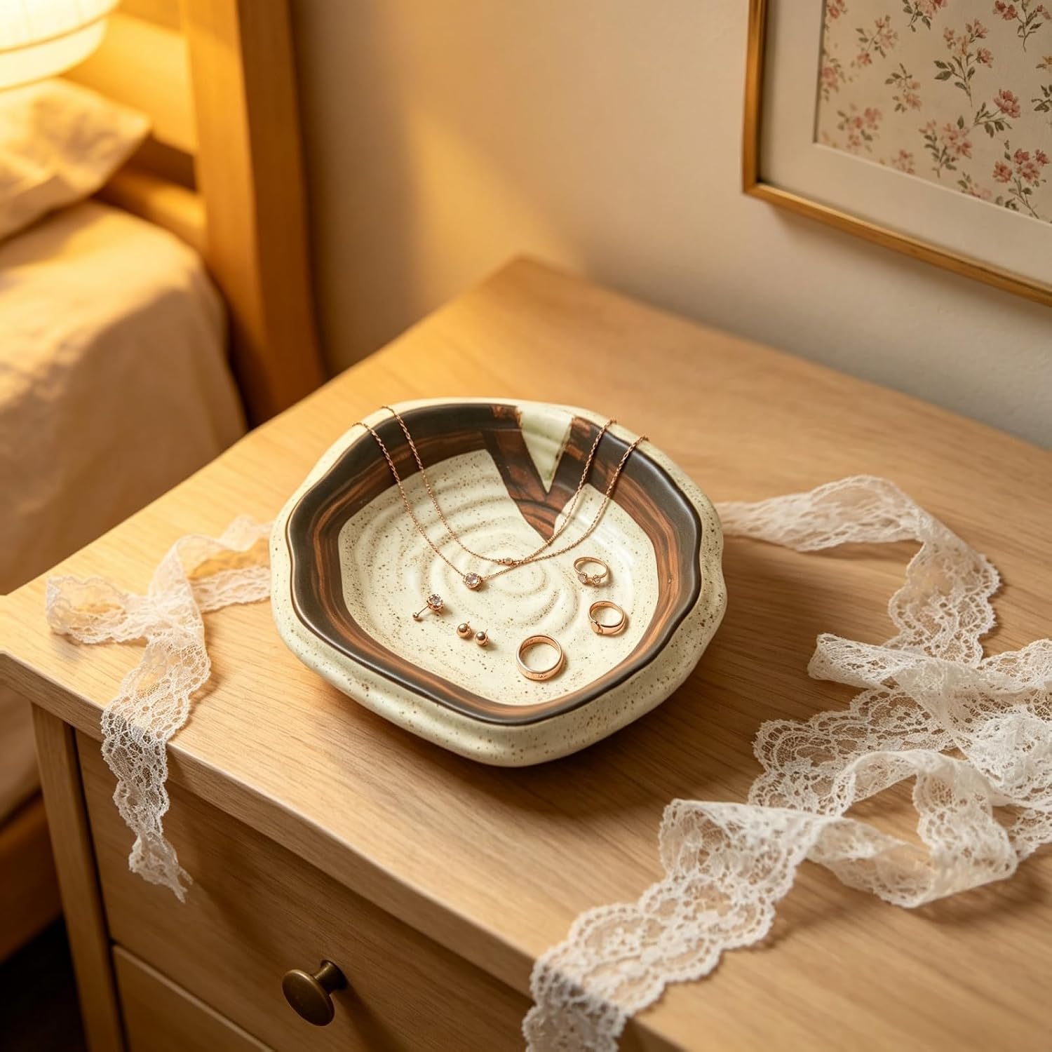 Ceramic Jewelry Dish, Speckled Volcano Glaze Trinket Tray, 4 Footed Rustic Ring Holder, Shallow Jewelry Organizer for Vanity Nightstand, Boho Minimalist Decorative Bowl for Rings Earrings Necklaces image 4
