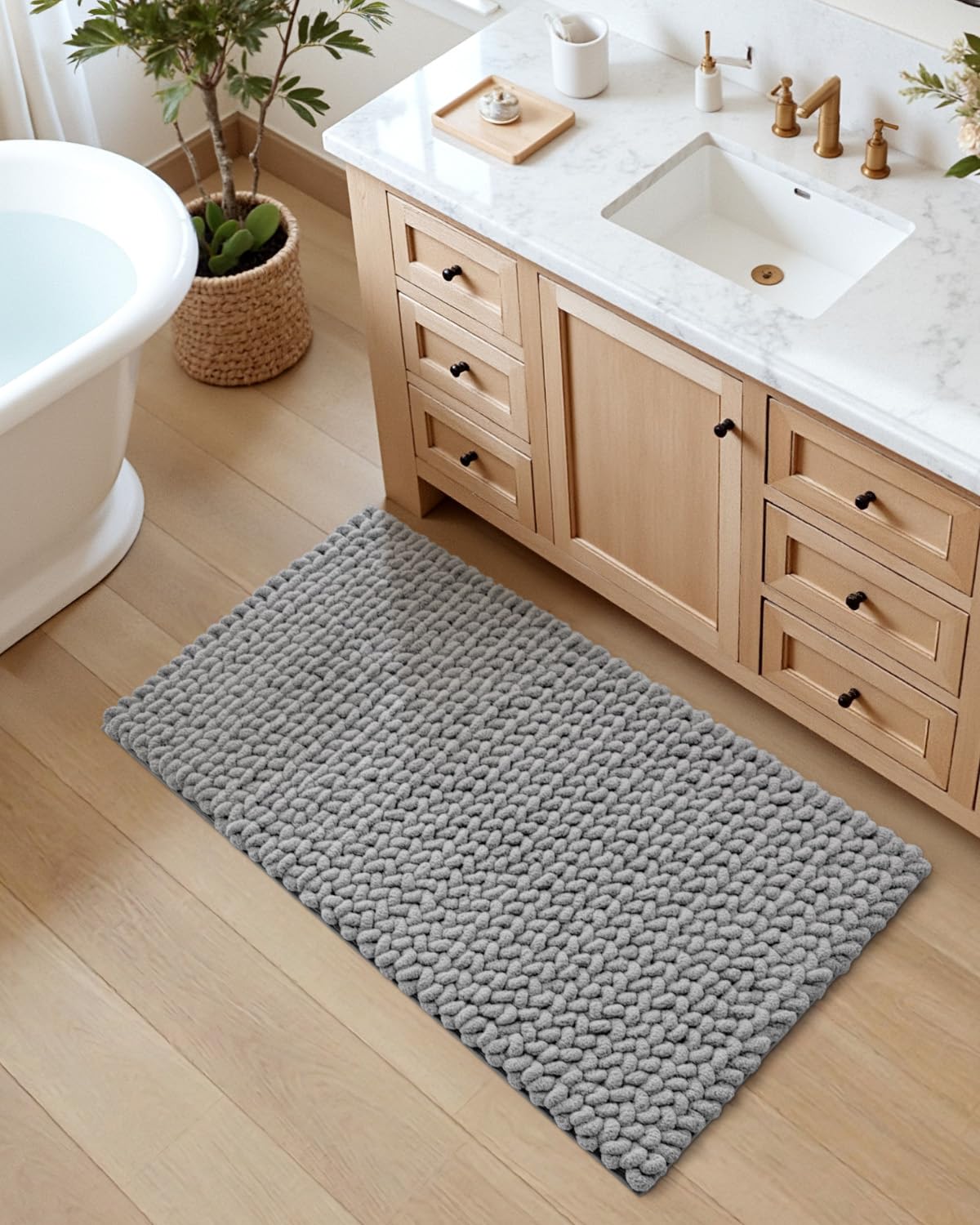 DEXI Alfombra de baño de 43 x 24 pulgadas, antideslizante, lavable, color gris claro