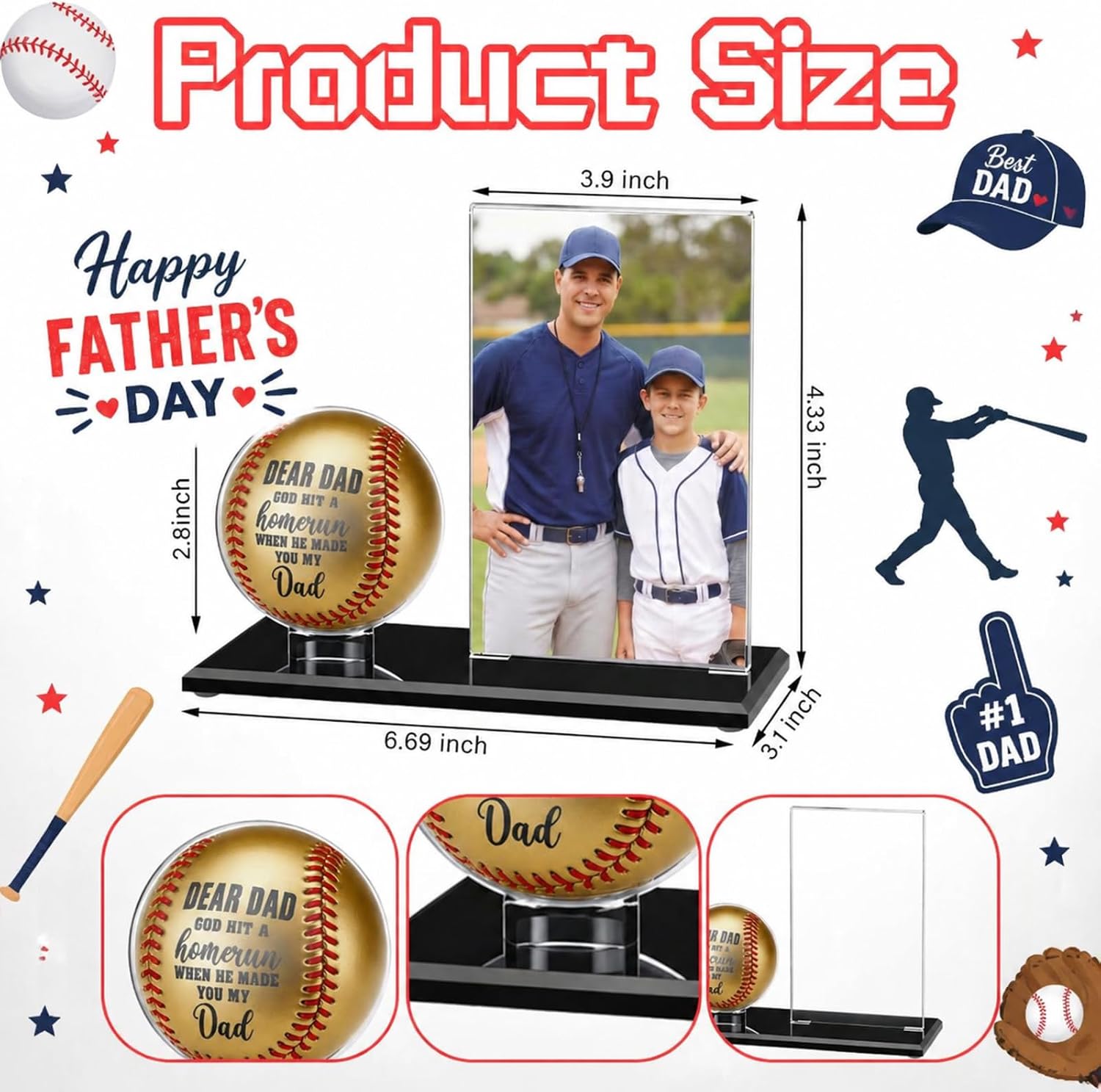 Colingmill Father's Day Baseball Gifts for Dad Picture Frame and Baseball Display Case Set Ball and Card Holder for Parents Dear Dad Father's Gifts