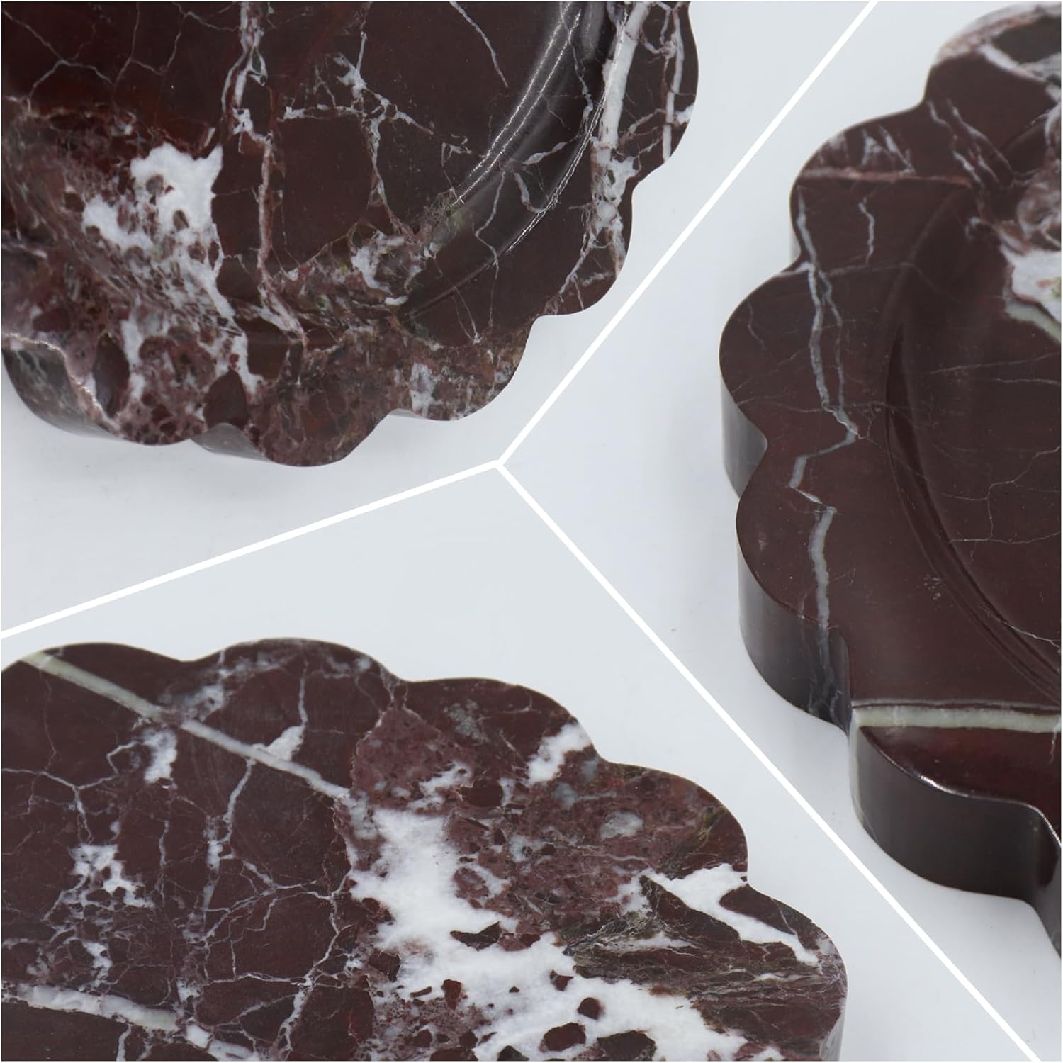 Round Marble Decorative Tray with Scalloped Edge, Luxury Natural Stone Bathroom Vanity Tray, Dresser Top Perfume Coffee Home Kitchen Sink Tray, Key Trinket Ring