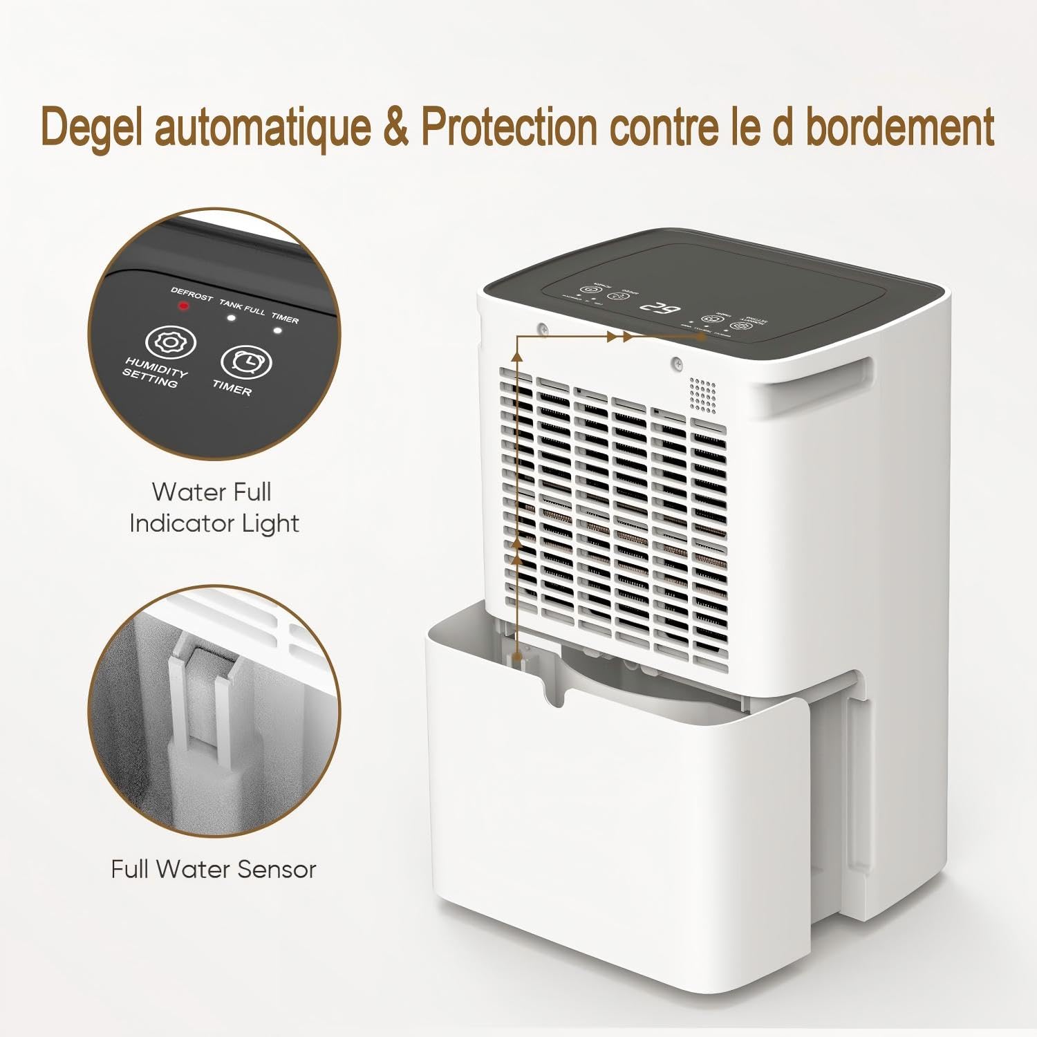 Deshumidificateur d Air, Deshumidificateur Electrique 12L/jour, Convient jusqu'à 120 m³/30 m², Deshumidificateur silencieux est équipé de tuyaux et de roulettes, Déshumidificateur pour Cave, Salon