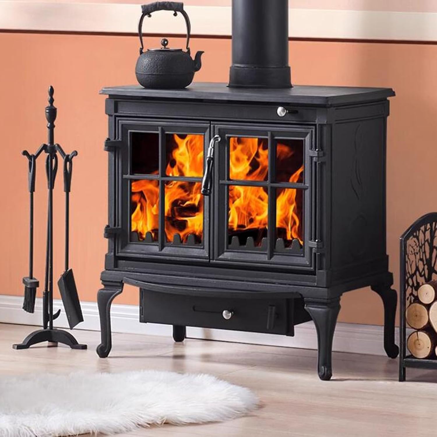 4 PCS Indoor Outside Fireplace Tools Set，Iron Fire Place Accessories Tools Holder with Brush Shovel Poker, Outdoor Fire Pit Tool Set