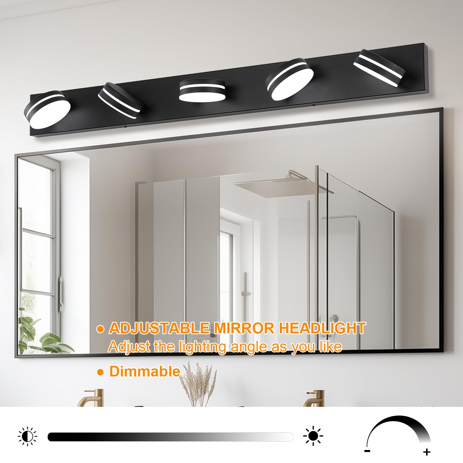 Moderne Badezimmer-Wandleuchte mit 5 Leuchten, 30 W LED, Schwarzlicht, über Spiegel, dimmbar, Wandleuchte mit drehbarem Kopf, Acryl-Schirme Bett-Weiß – stilvolle Badezimmerbeleuchtung