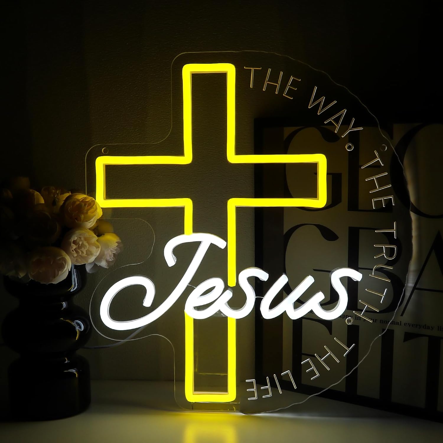Jesus The Way The Truth The Life Neon Sign for Wall Decor, Cross Led Signs for Bedroom, USB Dimmable Christian Neon Lights for Living Room Church Home Office Religious Wall Art
