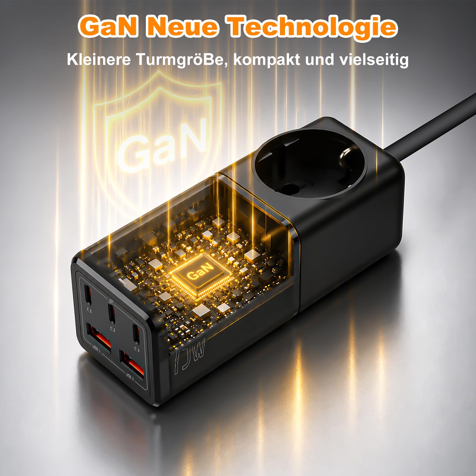 GaN 75W Steckdosenleiste mit USB C, 6-in-1 Mehrfachsteckdose | 1x Schuko + 3x USB-C (PPS) + 2x USB-A, 1,8m Kabel, 4000W, Kompakt, Kindersicher, Steckerleiste für Laptop, Tablet, Smartphone