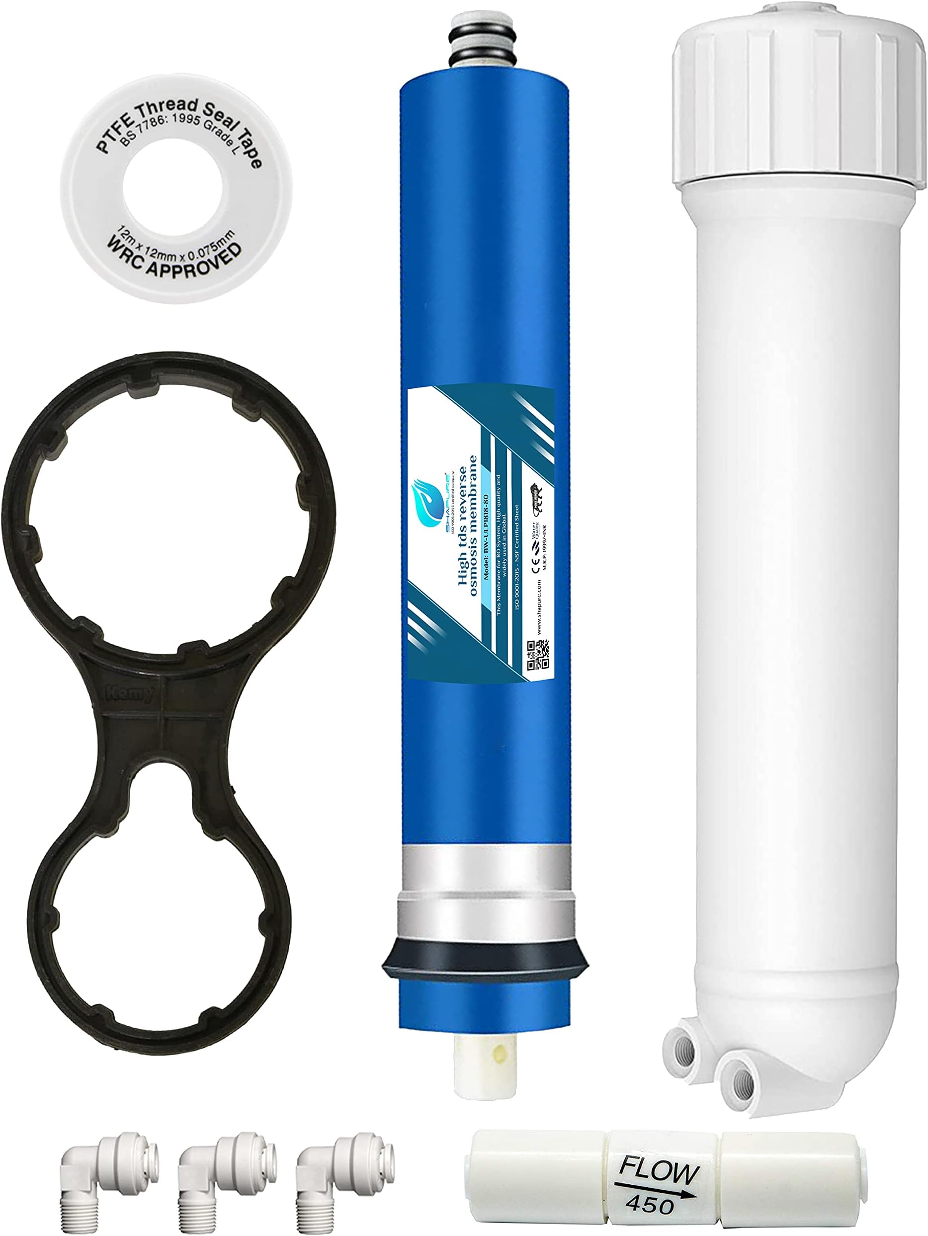 SHAPURE Upgrade Your RO Water Purifier with Our Complete Membrane Housing Kit Comes with Spanner, High Flow Membrane 80gpd, Housing, Connectors, FR-450 Combo Set Compatible with All RO Water Purifier