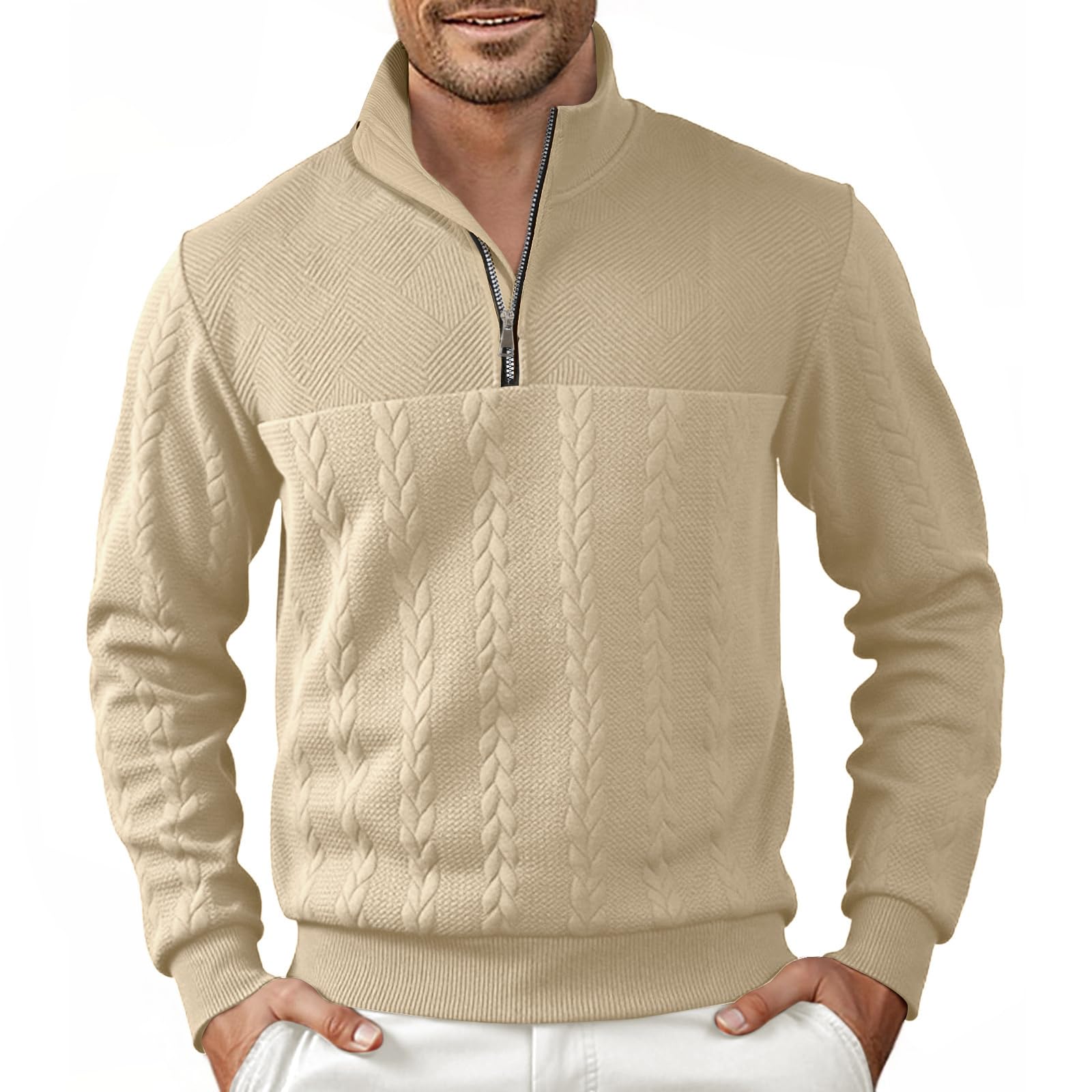 Halfword Pulls Homme Zip Pullover Tricoté Pull à Manches Longues pour Hommes Jacquard Sweatshirts