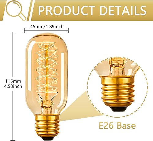 Miniatura 2 de T45 - Bombilla Edison retro de 60 W, paquete de 6 unidades, 120 V, base E26 regulable, bombilla incandescente, ámbar amarillo cálido de 2200 K,