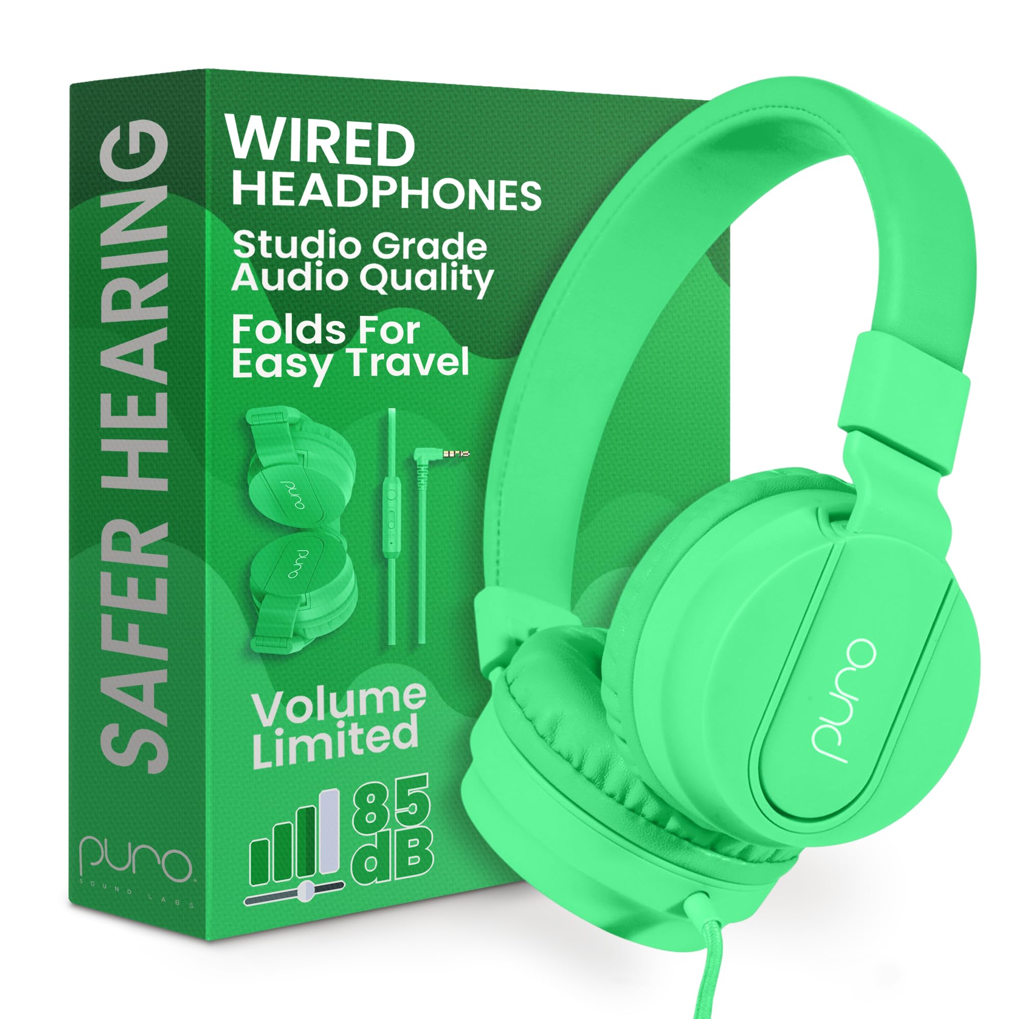 Puro Sound Labs PuroBasic Volume Limiting Wired Headphones for Kids, Foldable & Adjustable Headband w/Microphone, Compatible with Smartphones, Tablets and PC’s (Green)