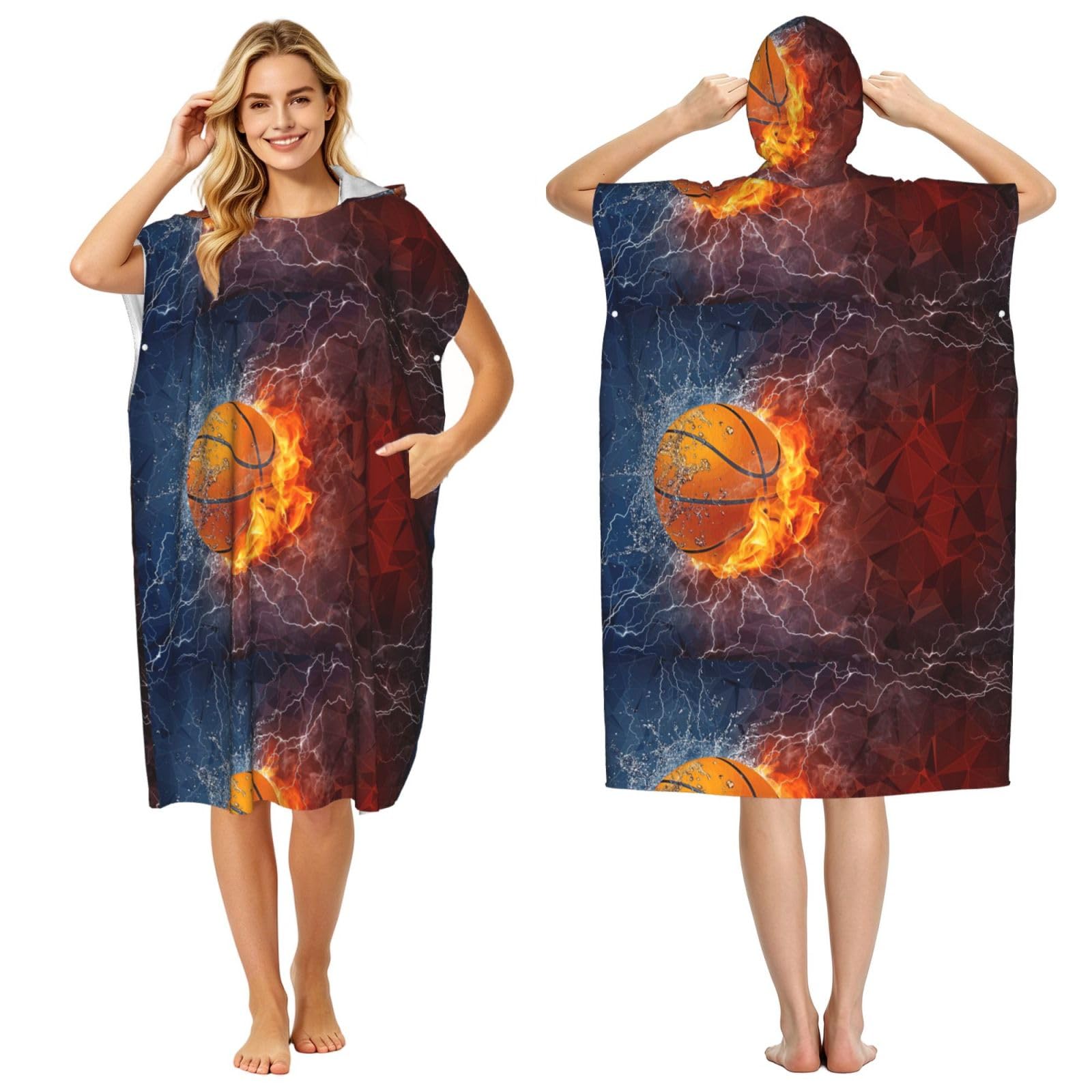 Poadnly Basketball Flames And Waterdrops, Adult Hooded Beach Towel 90 x 110 cm,Changing Bath Robe, Surf Poncho Towel For Women Men