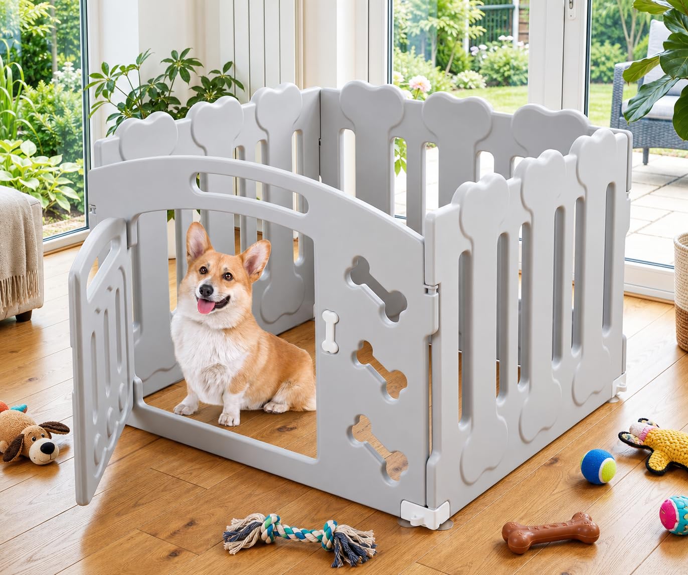 MAMIZO Recinto per Cani da Interno Esterno Alto 60cm, Box 3+1 Pannelli | Recinzione Pieghevole per Gatti in Plastica con Cancello, Ventose e Ancoraggi a Terra, Grigio