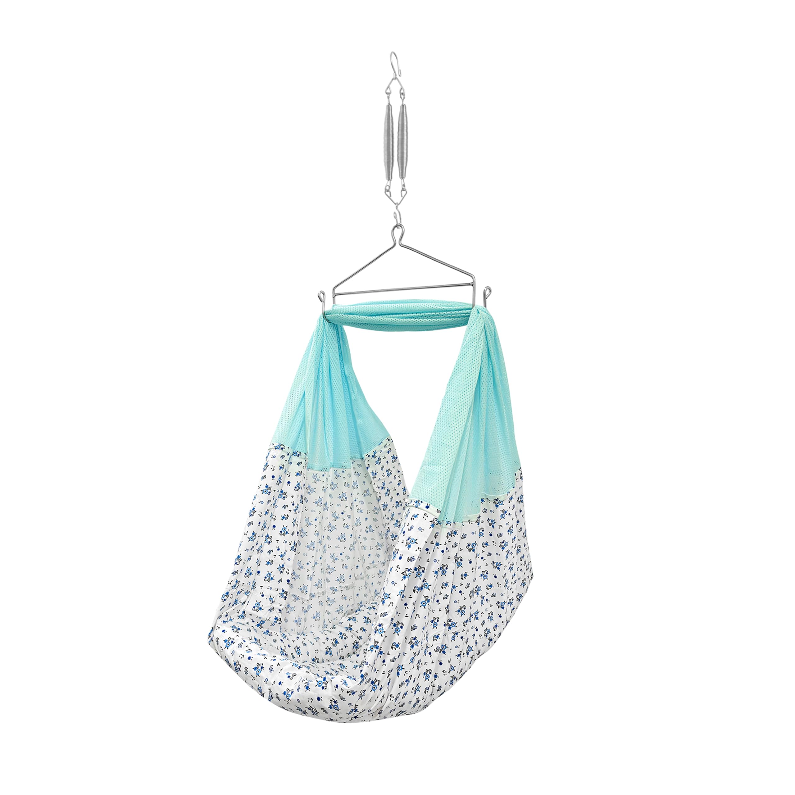 beetot New Born Baby Swing Cradle (Jhula) | Cradle Set with Mosquito Net, Spring and Triangle Hanger | Weight Capacity Up to 20Kg | Age from 0-12 Months | Bismark Premium (Blue) - Cotton