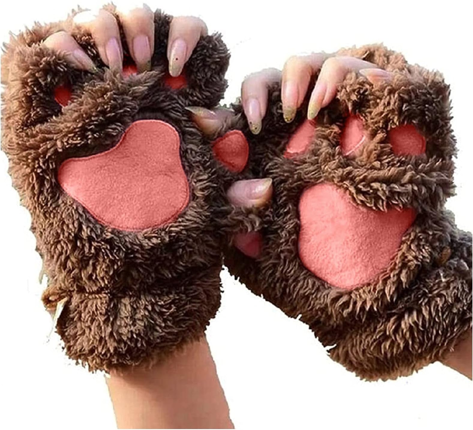Women's Kawaii Cat Plush Synthetic Fur Cosplay Paws Fingerless Gloves - Girls Half Finger Fabric