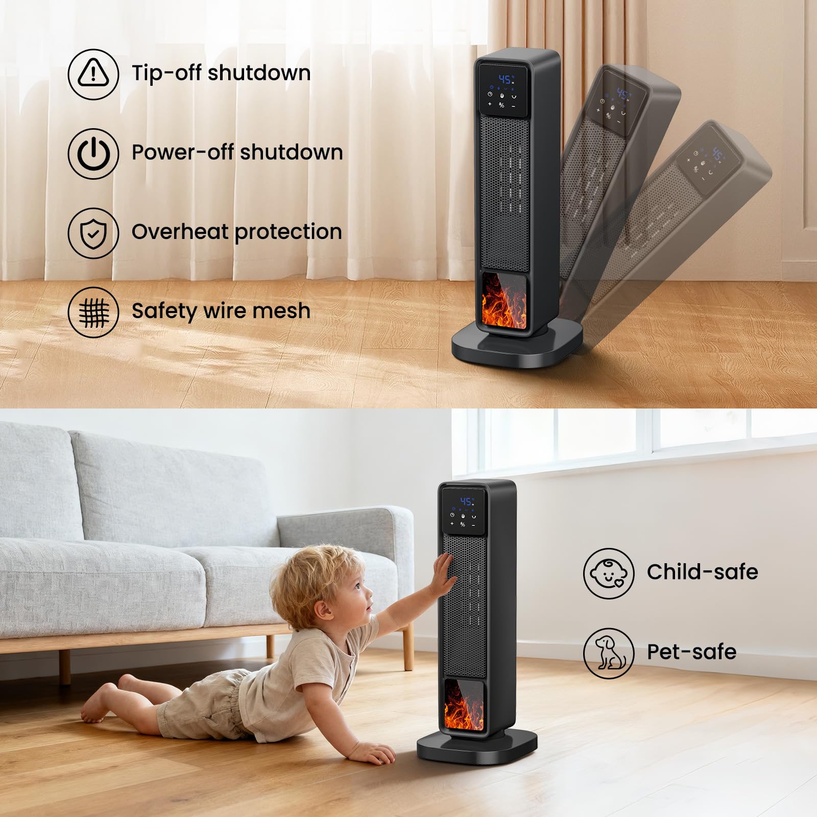 Riscaldamento supplementare 2200W Radiatore Elettrico, Modalità Eco, 3 Modalità Riscaldate, 180° Oscillazione, Telecomando, Protezione Multipla Display LED, Effetto Fiamma, Timer 24H, per Casa
