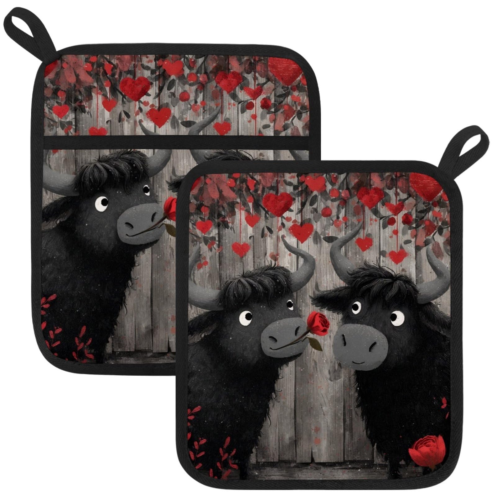 VAPOKF Valentine's Day Highland Cow Heat Resistant Pot Holders, Thick Pot Holders Pad with Hanging Loop for Kitchen, Oven Cloth Pads for Kitchen Baking Microwave Oven