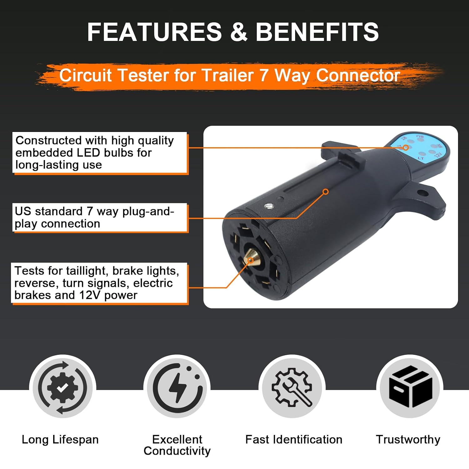 Vehicle Side 7 Way Trailer Light Tester 7-Pin Blade RV Style Connector Tester LED Circuit Detector for Taillight, Turn Signal, Brake Light
