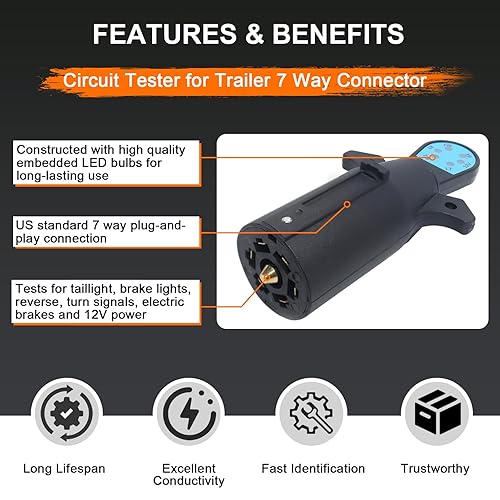 Miniatura 2 de Probador de luz de remolque de 7 vías para el lado del vehículo, probador de conector estilo RV de 7 pines, detector de circuito LED para luz