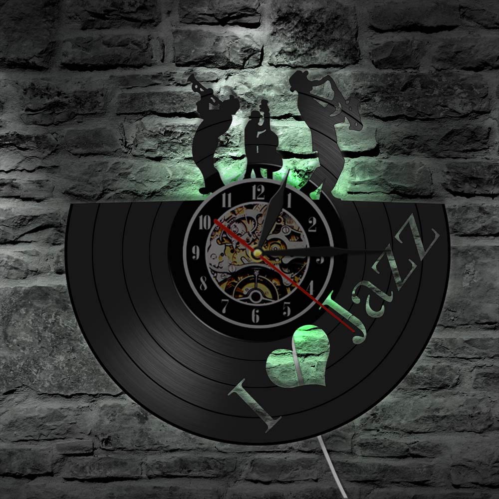 Lettore di musica jazz Orologio da parete Blues Jazz Nota musicale Orologio da parete con dischi in vinile Decorazione artistica Regalo fatto a mano per gli amanti del jazz Orologi da parete appesi