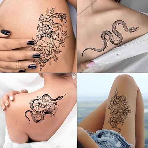 Miniatura 6 de Tatuajes temporales de serpiente, 12 hojas 3D negras realistas de serpiente, rosa, tatuajes florales, calcomanías grandes y sexys de serpiente,